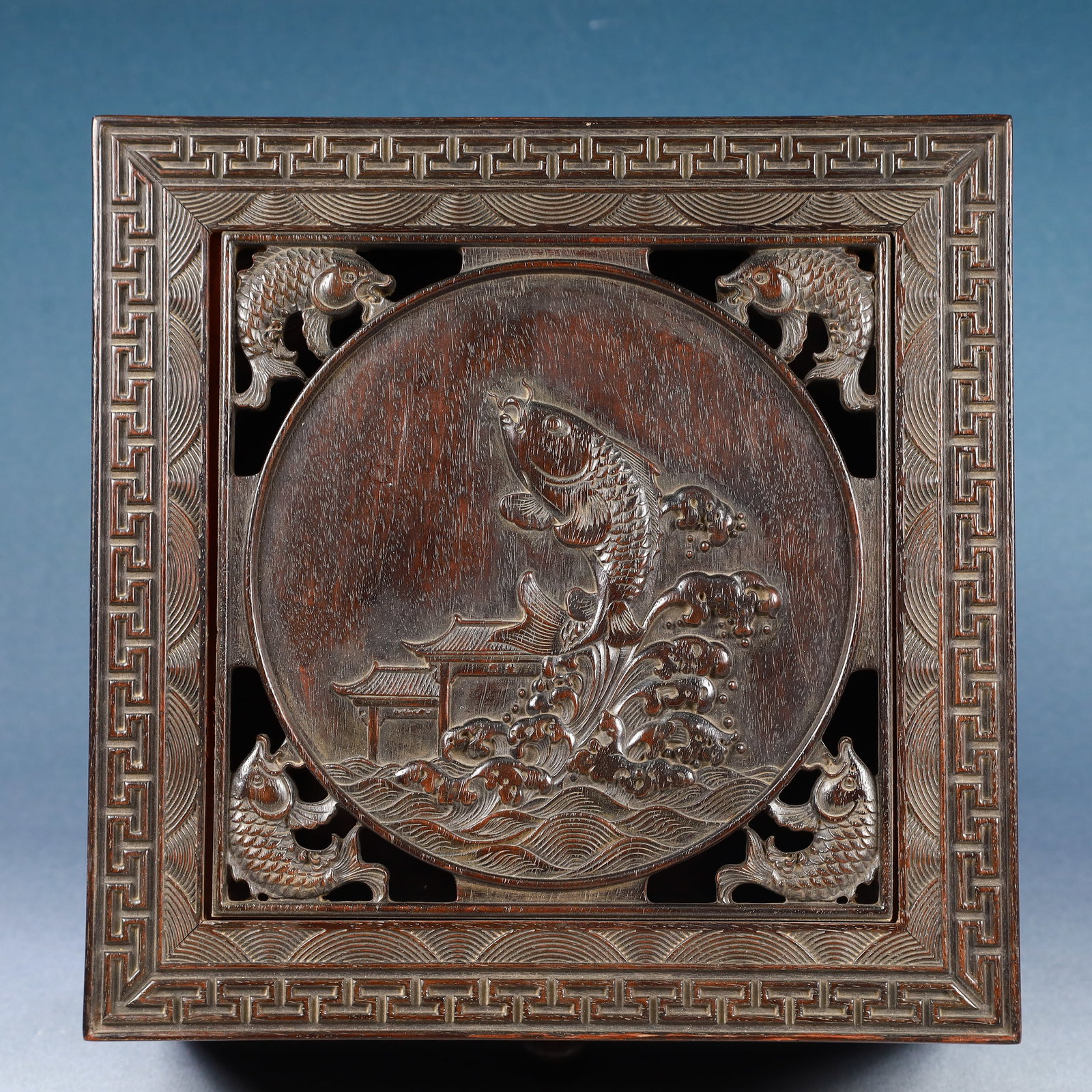 An Exquisite Zitanwood Hollow Auspicious Cloud and Fish Pattern Box: An Exquisite Zitanwood Hollow Auspicious Cloud and Fish Pattern Box,Qing Dynasty, China,Size:10.6inx7.1in,Weight:3750g