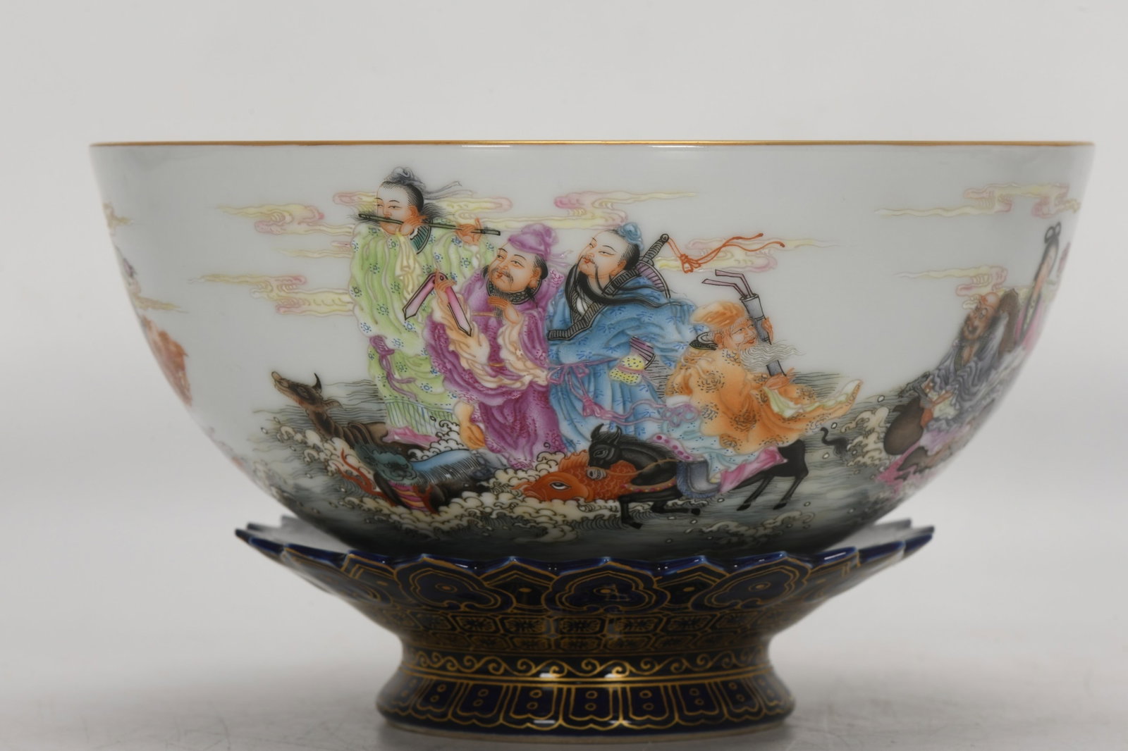 An Exquisite Enamel Ji Blue Glazed Painted Gold Character and Story Pattern Bowl,with poem: An Exquisite Enamel Ji Blue Glazed Painted Gold Character and Story Pattern Bowl,with poem,Qing Dynasty,China,Qianlong Six-character Mark,Size:4.3inx7.4in