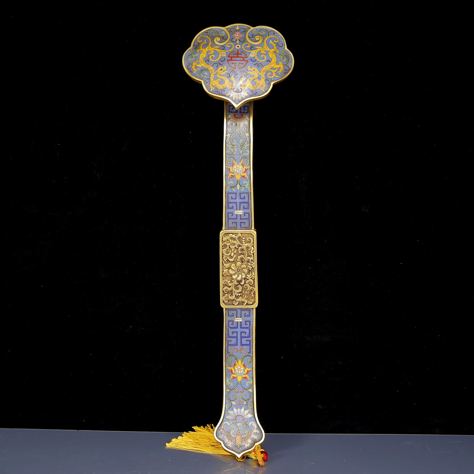 A Huge Cloisonne Dragon Pattern Ruyi: A Huge Cloisonne Dragon Pattern Ruyi,Qing Dynasty, China,Qianlong Four-character Mark,Size:18.9inx5.1inx2.8in,Weight:1145g