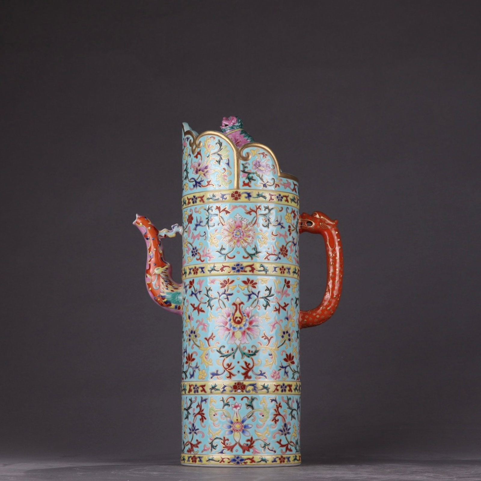 A Rare Enamel Lotus Pattern Pot: A Rare Enamel Lotus Pattern Pot,Qing Dynasty,China,Qianlong Four-character Mark,Size:14.4inx8.3in 珐琅彩缠枝莲纹壶,中国清代,