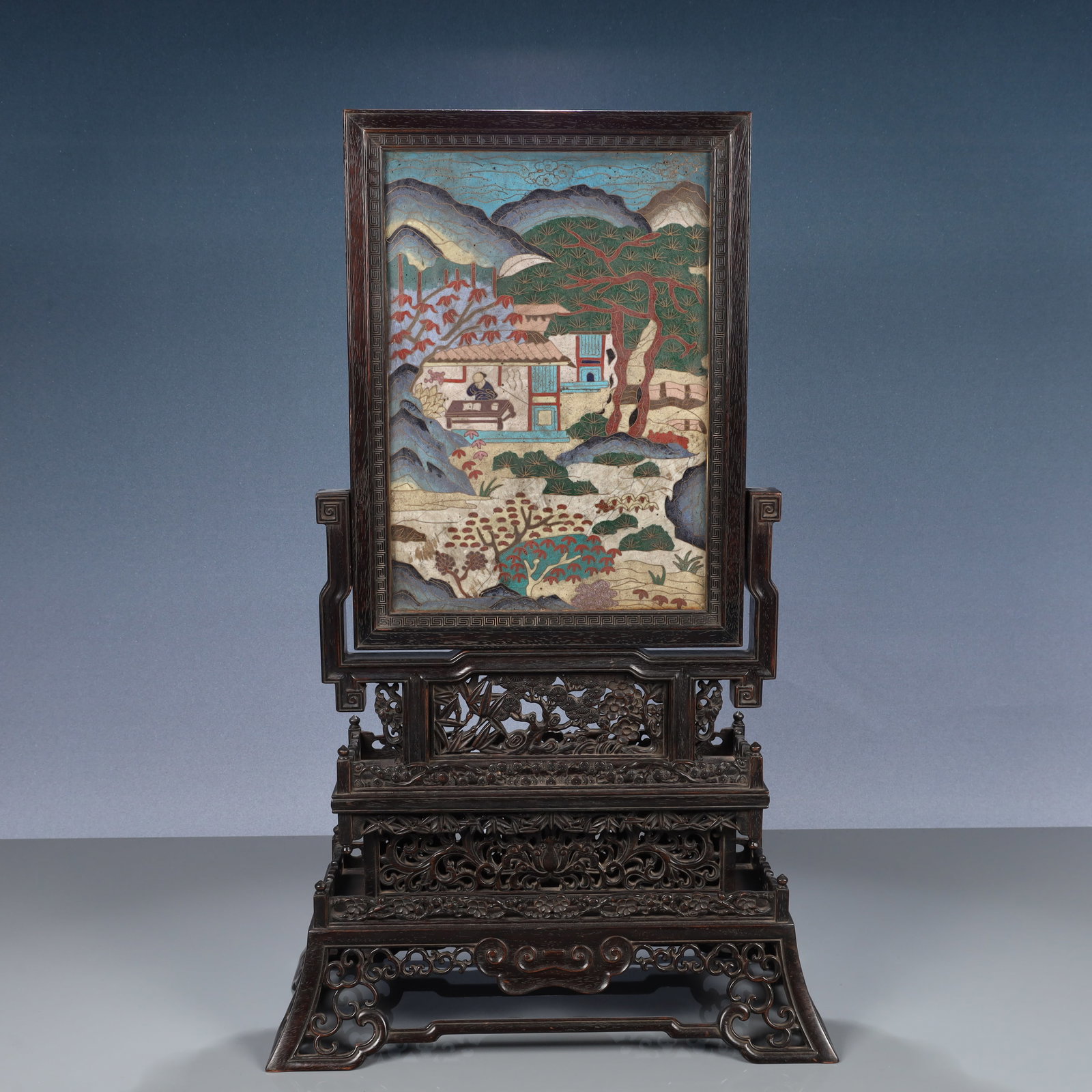 A Huge Zitanwood Inlaid Cloisonne Landscape and Figure Pattern Table Screen,With Poem: A Huge Zitanwood Inlaid Cloisonne Landscape and Figure Pattern Table Screen,With Poem,Qing Dynasty, China,Size:13.8inx6.7inx22.4in,Weight:2900g