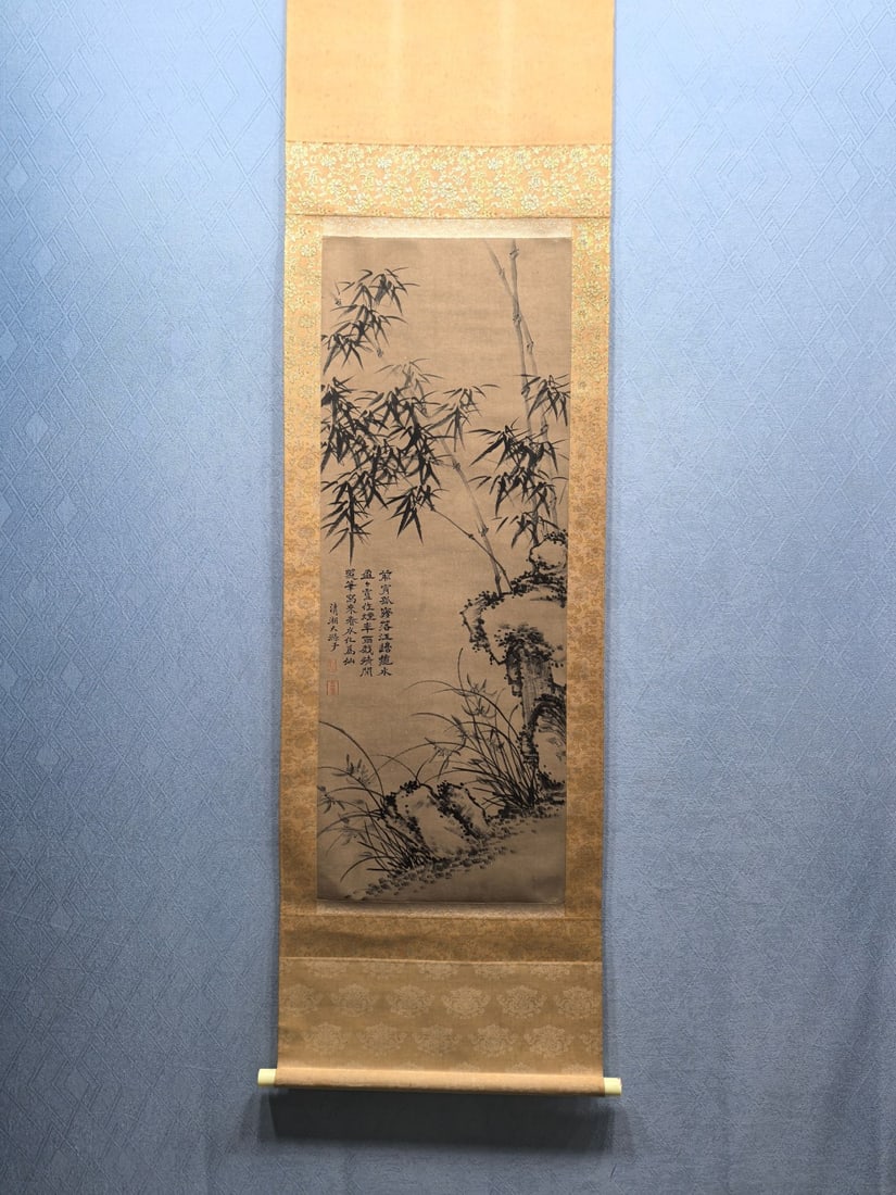 A Chinese Vertical Scroll Ink Painting of Orchid and Bamboo on Paper,Shi Tao: A Chinese Vertical Scroll Ink Painting of Orchid and Bamboo on Paper,Shi Tao,Size:(Without frame)15.7inx42.5in 一幅中国水墨兰竹图立轴,