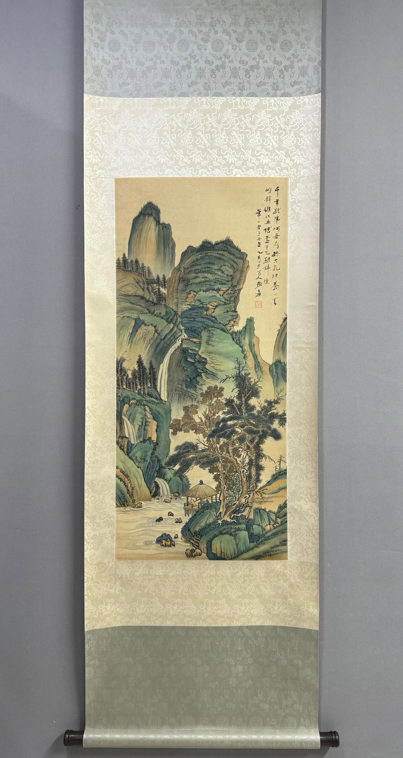 A Chinese Vertical Scroll Ink Painting of Landscape on Silk: A Chinese Vertical Scroll Ink Painting of Landscape on Silk,Zhang Daqian,Size:37.8inx16.9in 一幅中国水墨绢本山水画立轴,