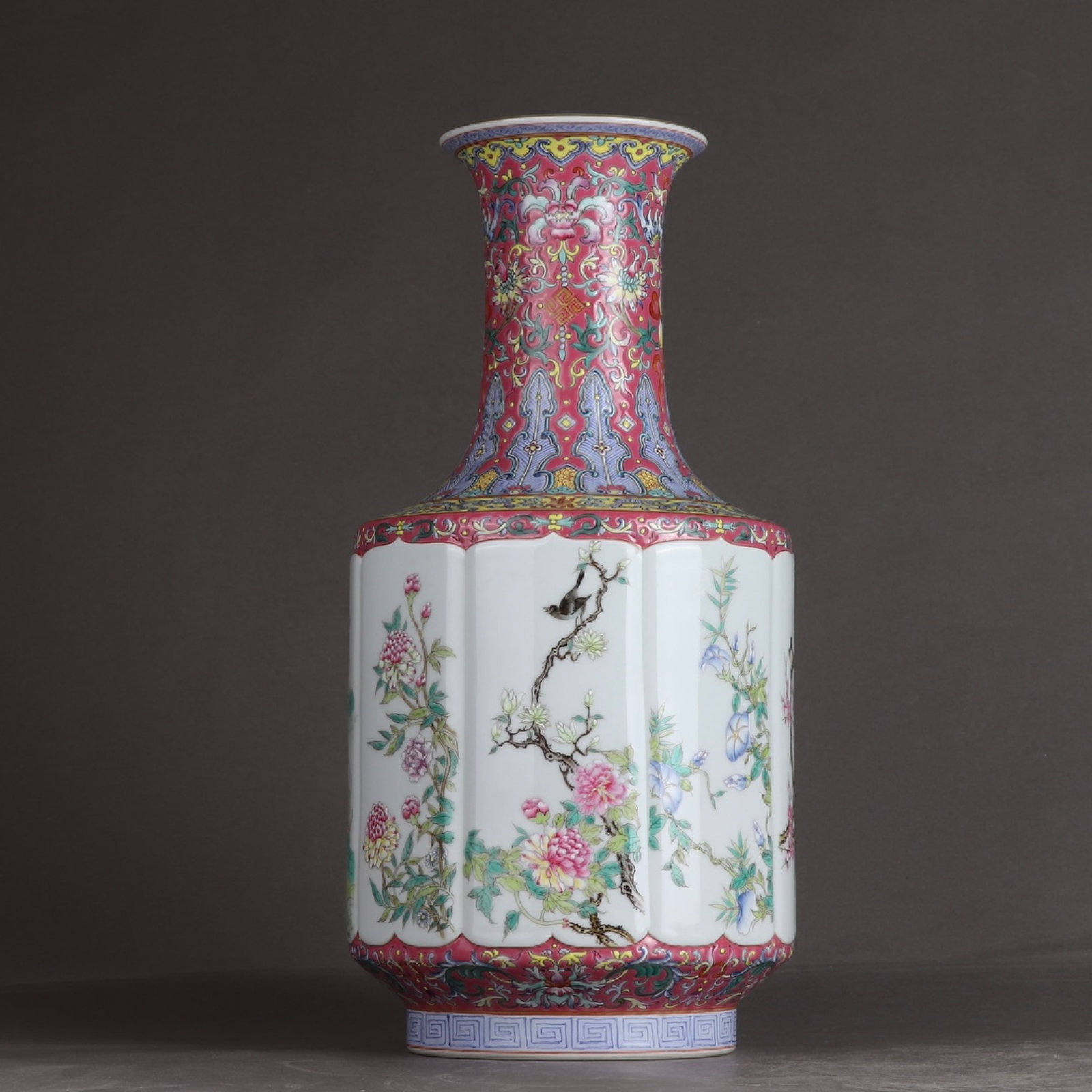 A Rare Famille-Rose Flower and Bird Pattern Vase: A Rare Famille-Rose Flower and Bird Pattern Vase,Qing Dynasty,China,Qianlong Six-character Mark,Size:13.3inx5.9in 粉彩花鸟纹瓶,中国清代,