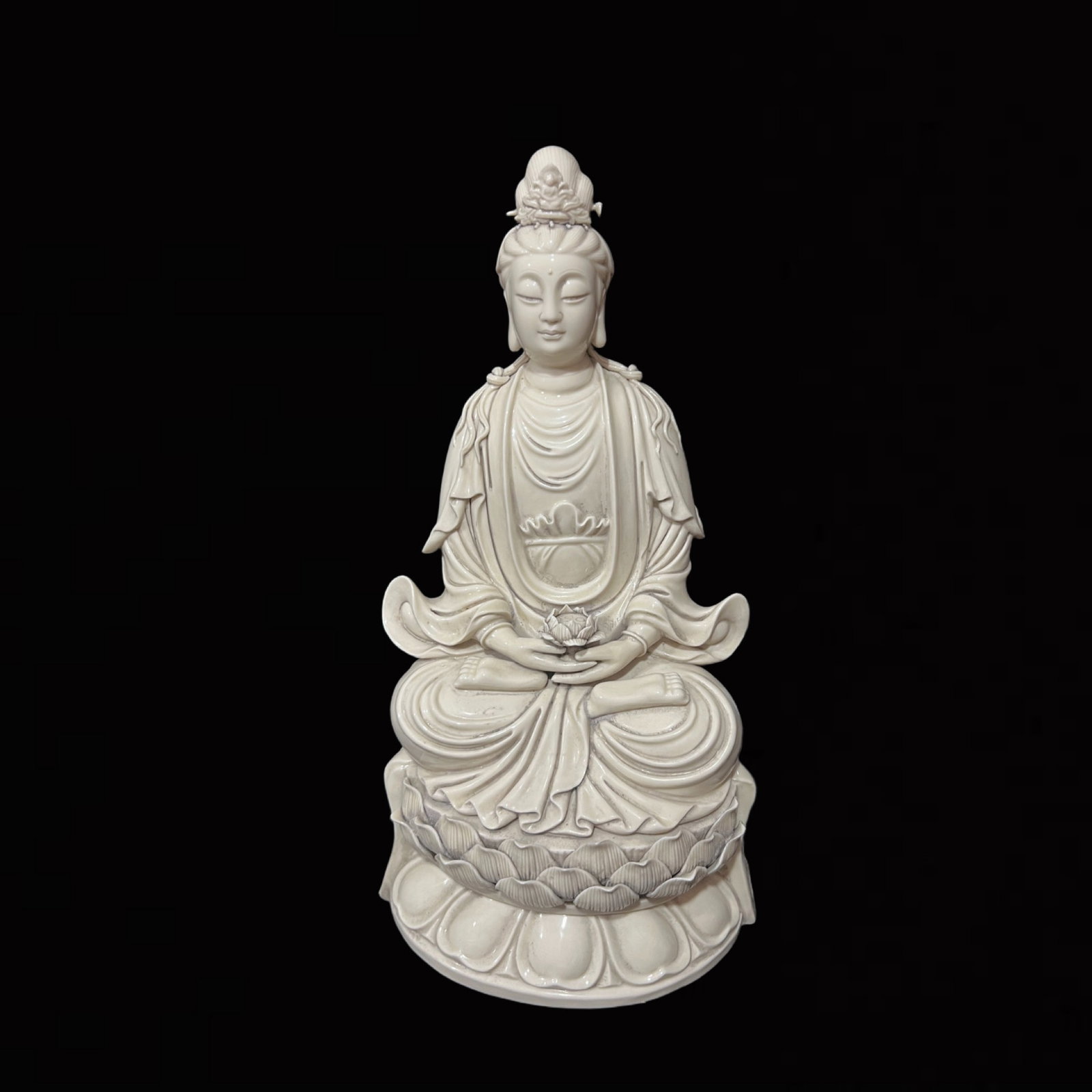 A Solemn Blance-De-Chine Statue of Avalokitesvara: A Solemn Blance-De-Chine Statue of Avalokitesvara,Ming Dynasty,China,He Chaozong Mark,Size:17.7in 德化瓷观音像,中国明代,何朝