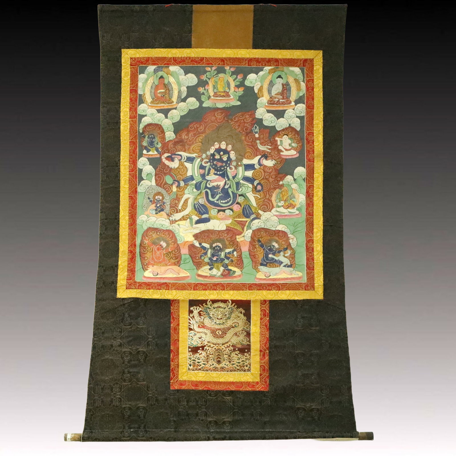 A Rare Brocade Painted Color Statue of Vajra Tangka: A Rare Brocade Painted Color Statue of Vajra Tangka,Qing Dynasty, China,Size:37inx60.6in 织锦彩绘金刚像唐卡,中国清代