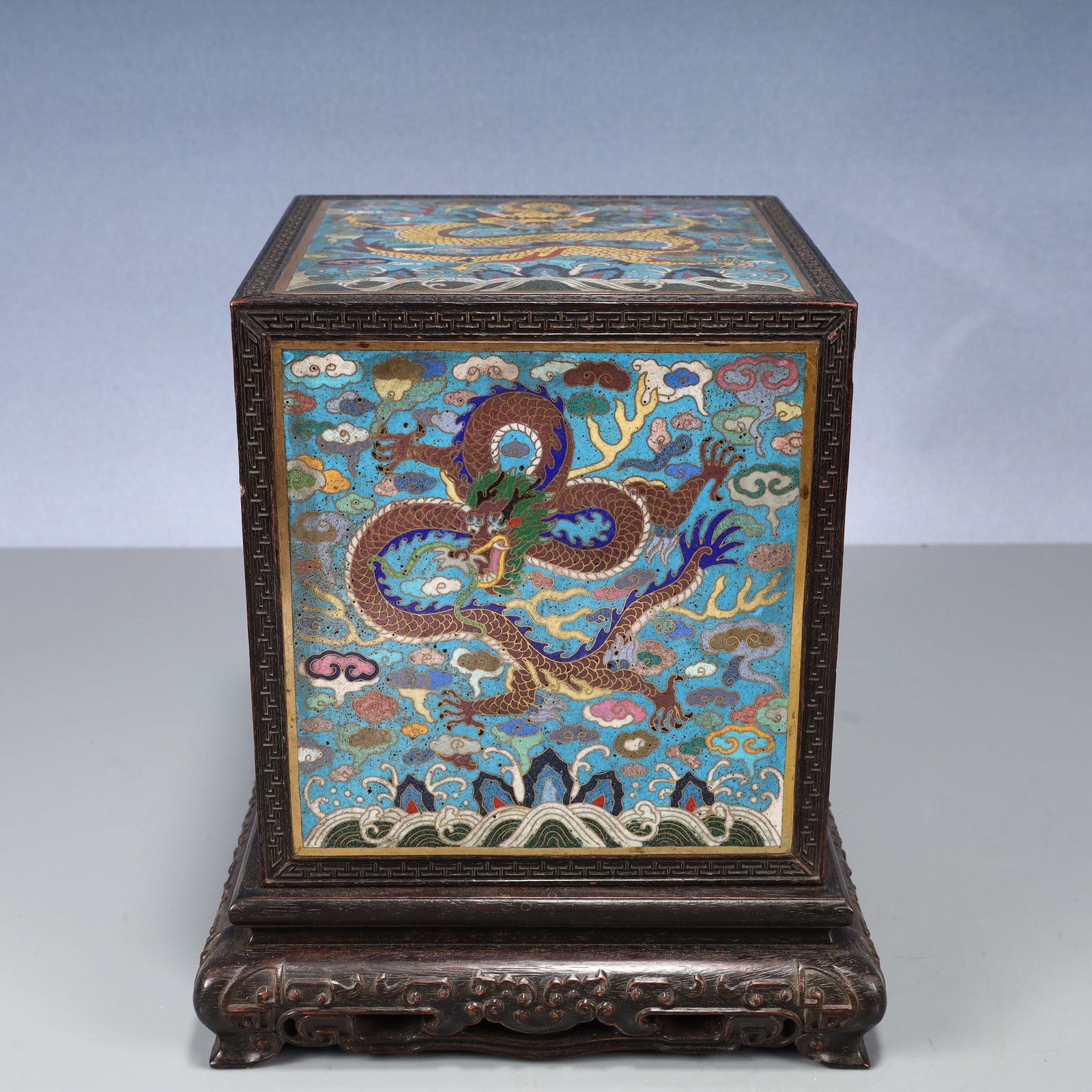 An Exquisite Zitanwood Inlaid Cloisonne Auspicious Cloud and Dragon Pattern Seal Box: An Exquisite Zitanwood Inlaid Cloisonne Auspicious Cloud and Dragon Pattern Seal Box,Qing Dynasty, China,Size:9.1inx10in,Weight:4150g