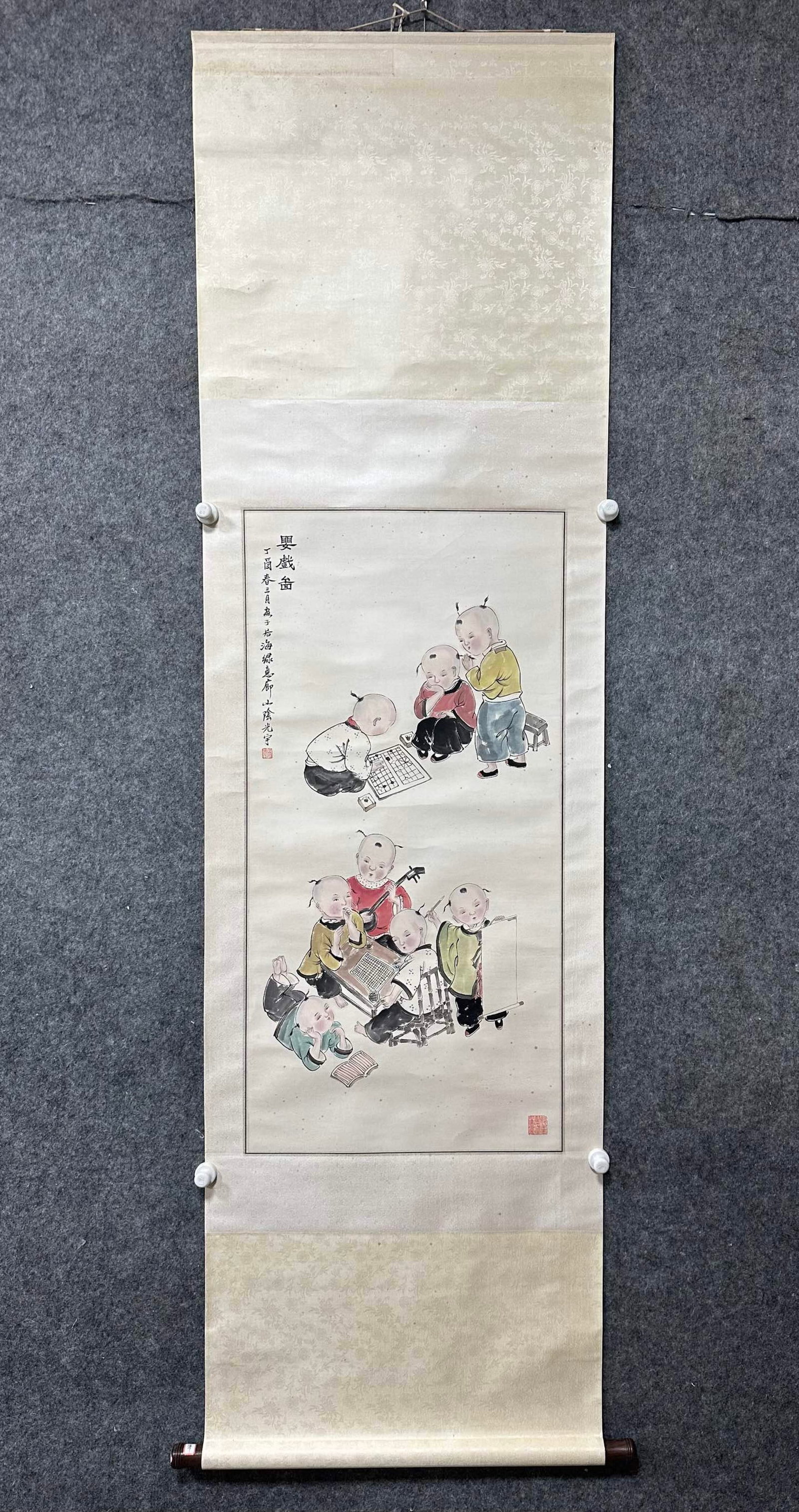 A Chinese Vertical Scroll Ink Painting of Character and Story on Paper: A Chinese Vertical Scroll Ink Painting of Character and Story on Paper,Wu Guangyu,Size:19.5inx39.6in 一幅中国水墨人物故事画立