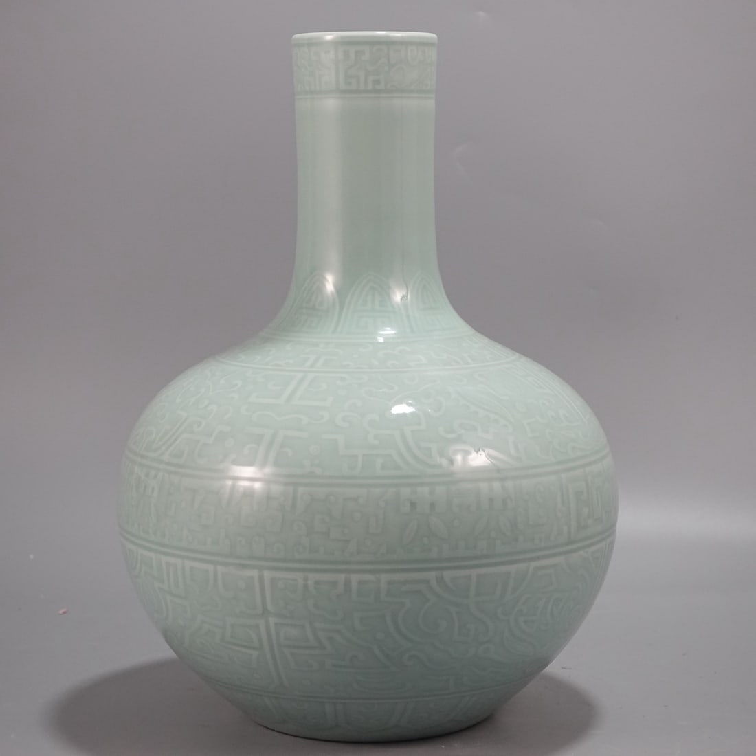 A Rare Celadon Glazed Beast-Face Pattern Vase: A Rare Celadon Glazed Beast-Face Pattern Vase,Qing Dynasty,China,Qianlong Six-character Mark,Size:14.2inx10in