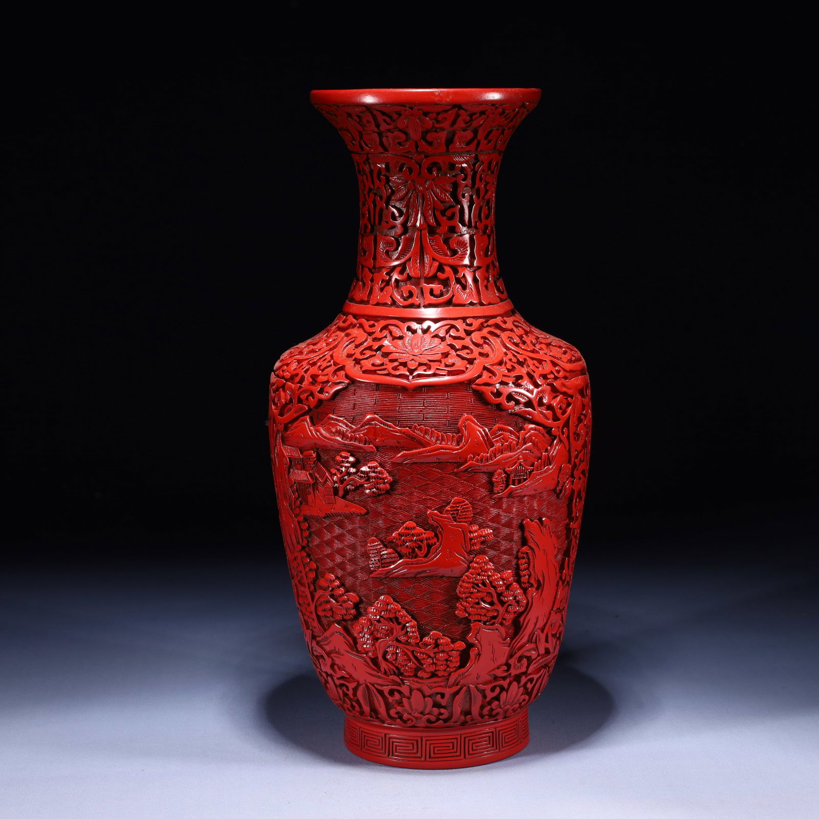 An Exquisite Carved Red Lacquer Landscape Pattern Vase (1 of 10)