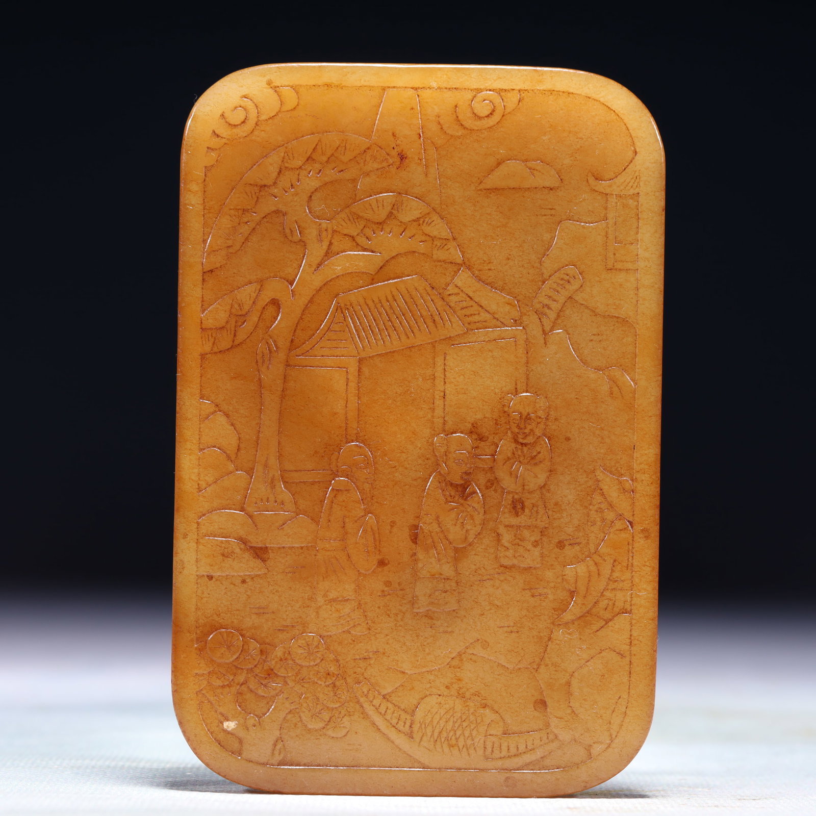 An Exquisite White Jade Landscape and Figure Pattern Pendant: An Exquisite White Jade Landscape and Figure Pattern Pendant,Qing Dynasty,China,Size:3inx4.3in,Weight:147.4g 白玉山水人物纹佩,中国清&#