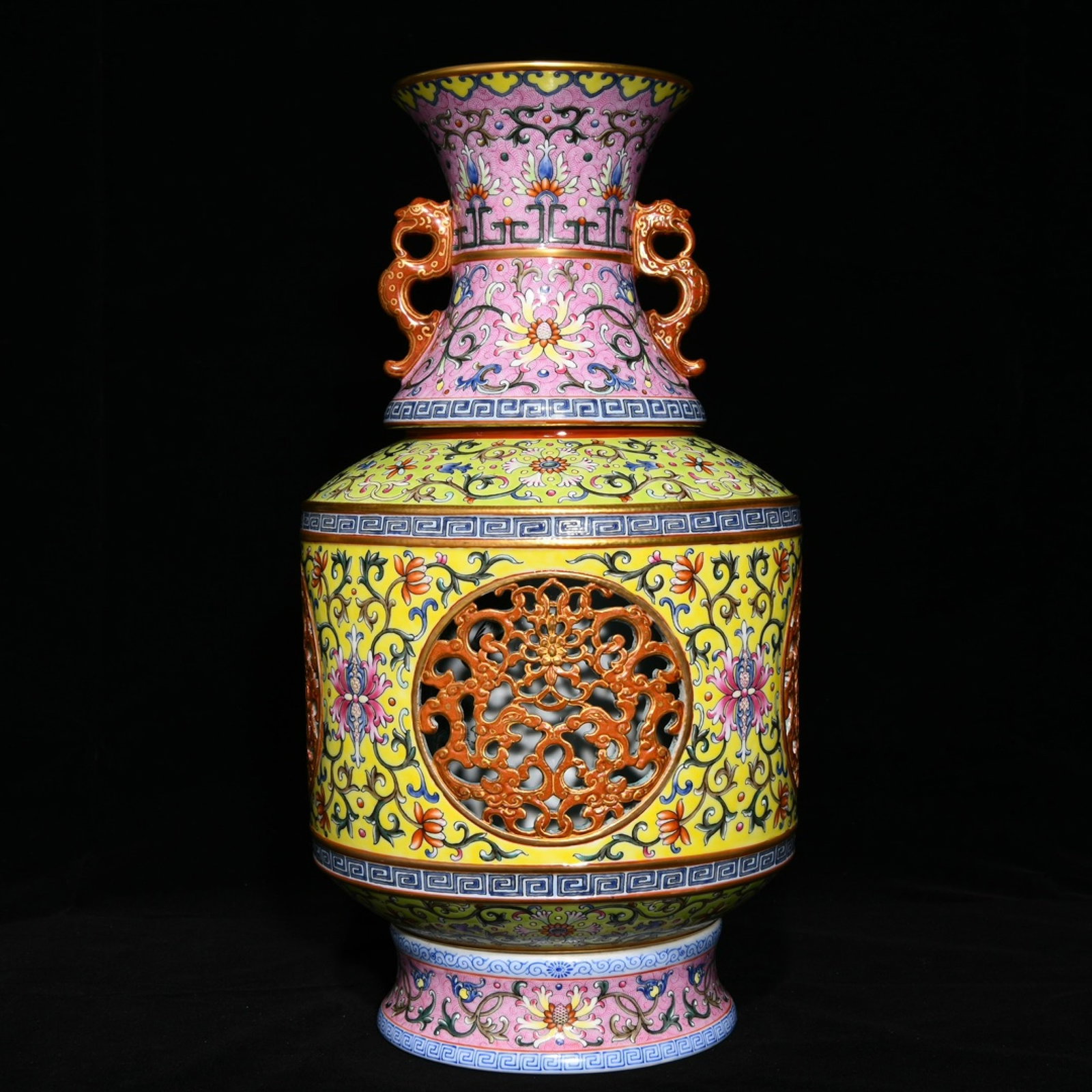 A Huge Yellow Ground Enamel Lotus Pattern Double-Ears Vase: A Huge Yellow Ground Enamel Lotus Pattern Double-Ears Vase,Qing Dynasty,China,Qianlong Six-character Mark,Size:15.4inx8.3in 黄地珐琅彩缠枝莲纹