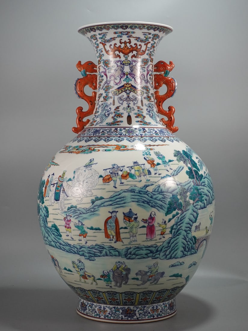 A Huge Doucai Landscape and Figure Pattern Dragon-Ears Vase: A Huge Doucai Landscape and Figure Pattern Dragon-Ears Vase,Qing Dynasty,China,Qianlong Six-character Mark,Size:27.6inx18.1in 斗彩山水人物纹龙耳&#