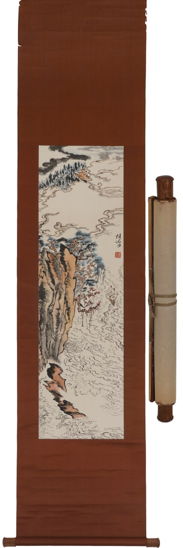 A Chinese Vertical Scroll Ink Painting of Landscape on Paper: A Chinese Vertical Scroll Ink Painting of Landscape on Paper,Lu Yanshao,Size:11.4inx9.8in 一幅中国水墨山水画立轴,陆俨ë