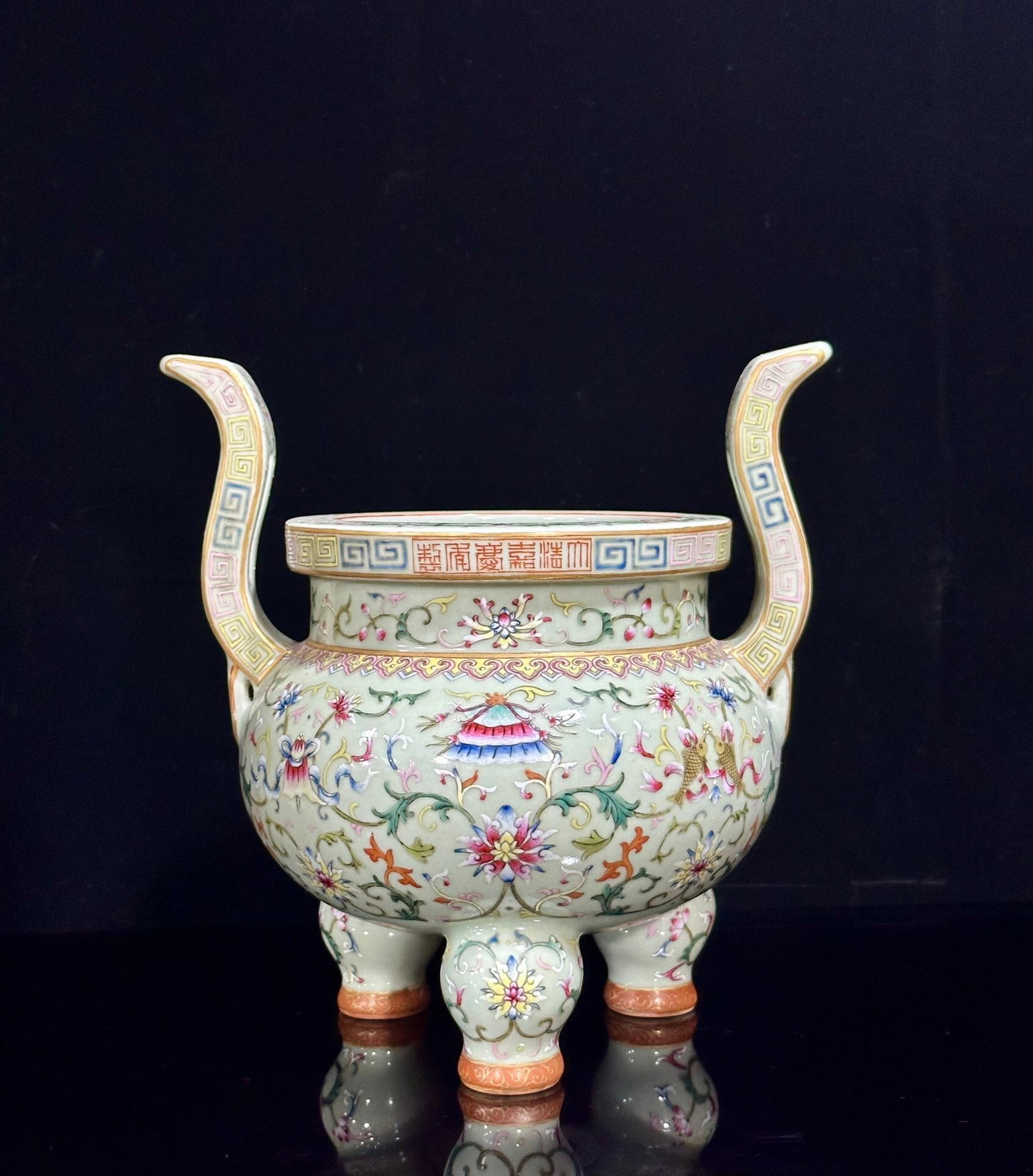 An Exquisite Famille-Rose Celadon Glazed Lotus Pattern Double-Ears and Tripod Censer: An Exquisite Famille-Rose Celadon Glazed Lotus Pattern Double-Ears and Tripod Censer,Qing Dynasty,China,Jiaqing Six-character Mark,Size:10.9inx8.3in 粉彩豆青釉缠