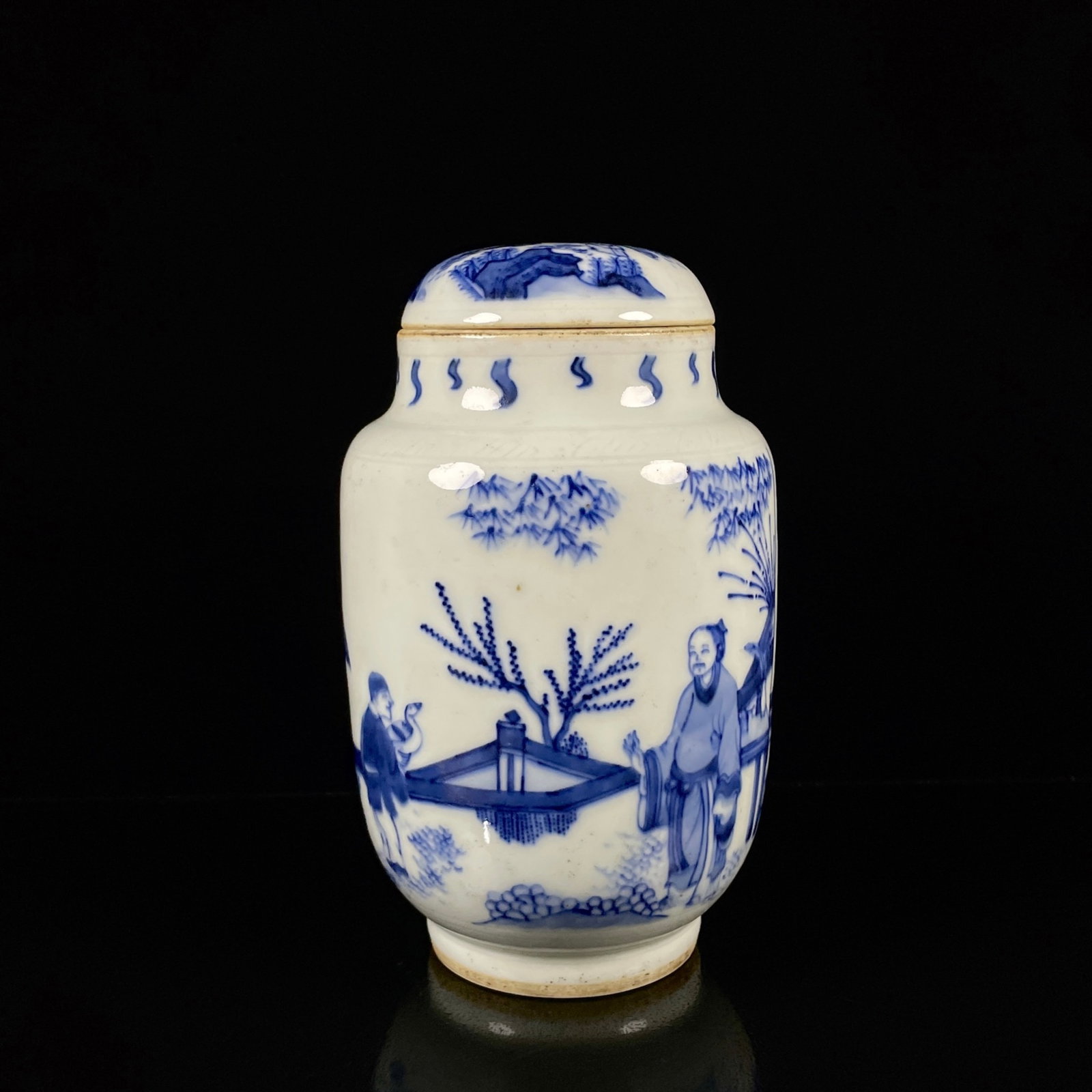 An Exquisite Blue and White Character and Story Pattern Jar with Cover: An Exquisite Blue and White Character and Story Pattern Jar with Cover,Ming Dynasty,China,Size:7.1inx3.9in