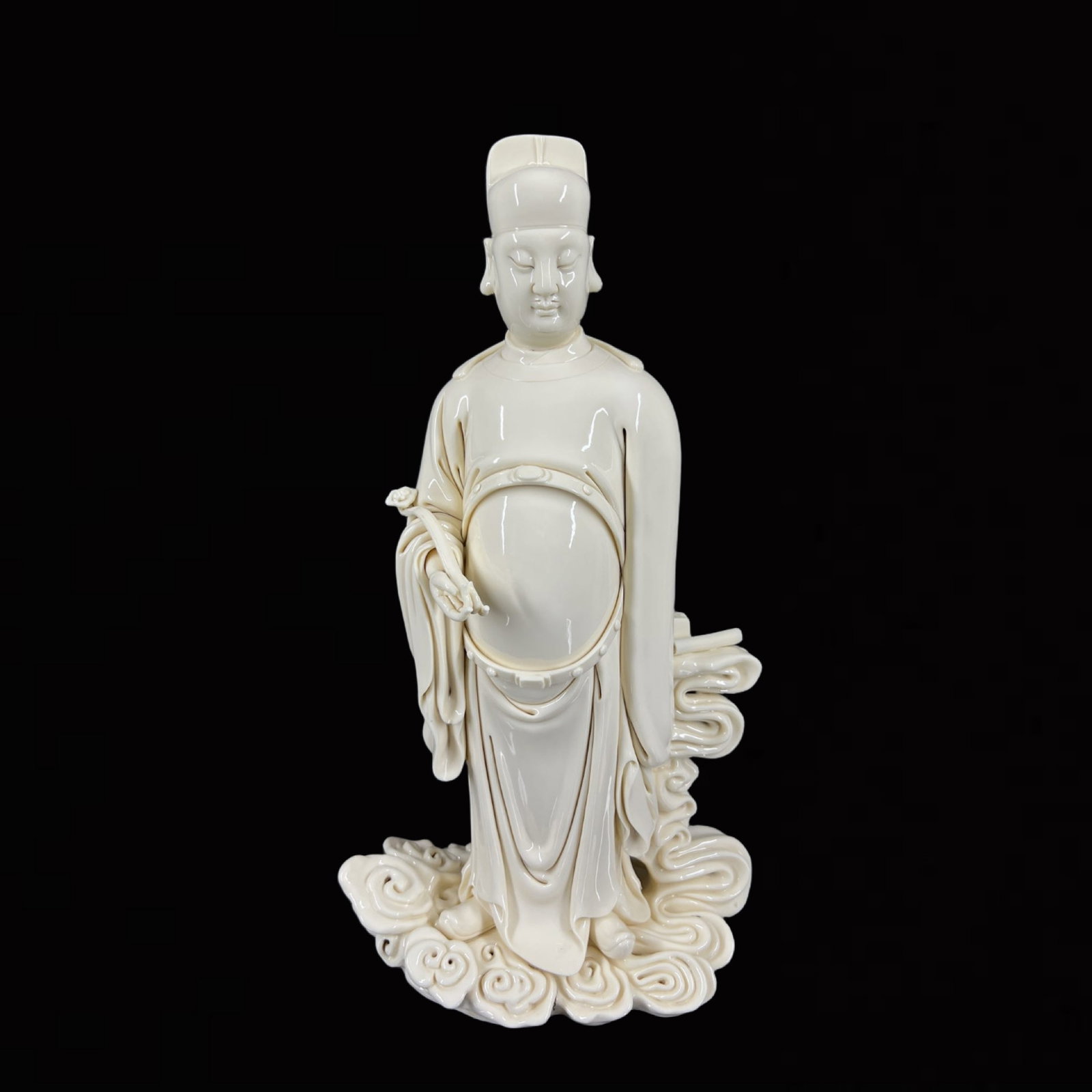 A Solemn Blance-De-Chine Statue of Figure: A Solemn Blance-De-Chine Statue of Figure,Ming Dynasty,China,He Chaozong Mark,Size:20.7in 德化瓷人物像,中国明代,何朝宗