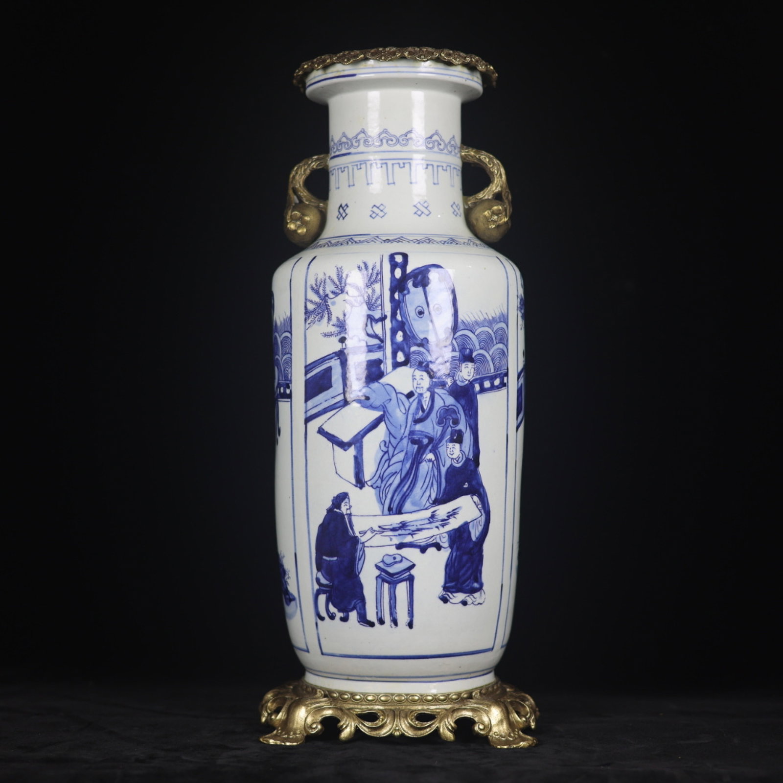 A Huge Blue and White Inlaid Bronze Character and Story Pattern Pomegranate-Ears Vase: A Huge Blue and White Inlaid Bronze Character and Story Pattern Pomegranate-Ears Vase,Qing Dynasty,China,Kangxi Six-character Mark,Size:19.3inx5.9inx6.7inx7.9in 青花镶铜人