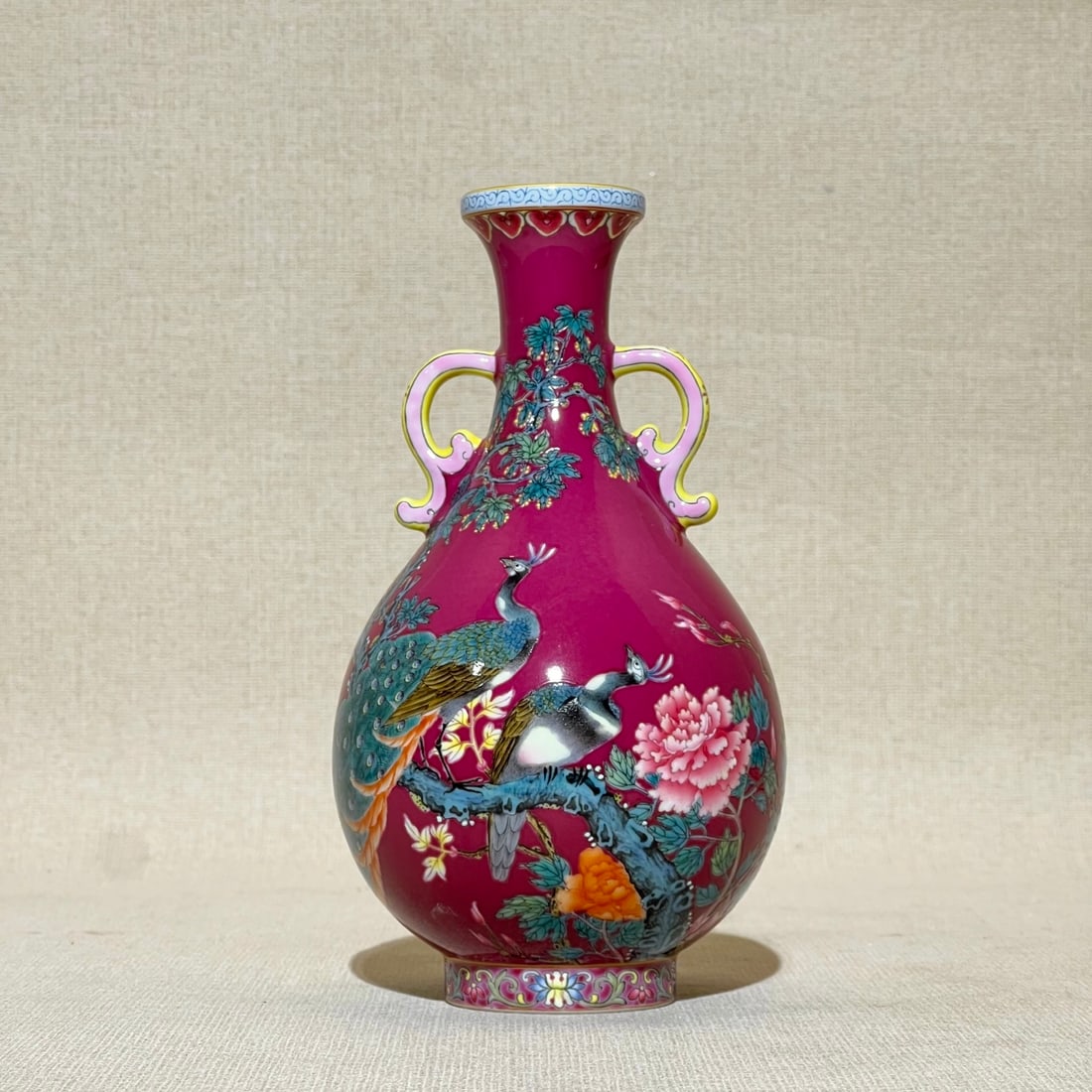 An Exquisite Ruby Red-Glazed Famille-Rose Painted Gold Flower and Bird Pattern Double-Ears Vase,with: An Exquisite Ruby Red-Glazed Famille-Rose Painted Gold Flower and Bird Pattern Double-Ears Vase,with poem,Qing Dynasty,China,Yongzheng Four-character Mark,Size:7inx3.7in 胭脂红ດ
