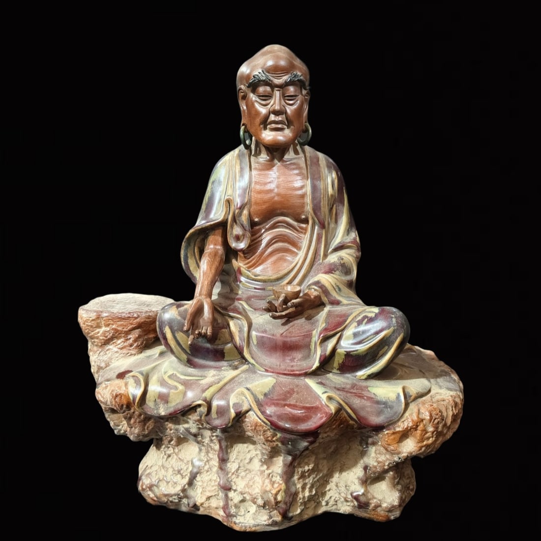 A Solemn Shiwan yao Statue of Arhat: A Solemn Shiwan yao Statue of Arhat,the Republic of China,With Mark,Size:17.7inx9.8inx19.7in 石湾窑罗汉像,中国民国时期,带&
