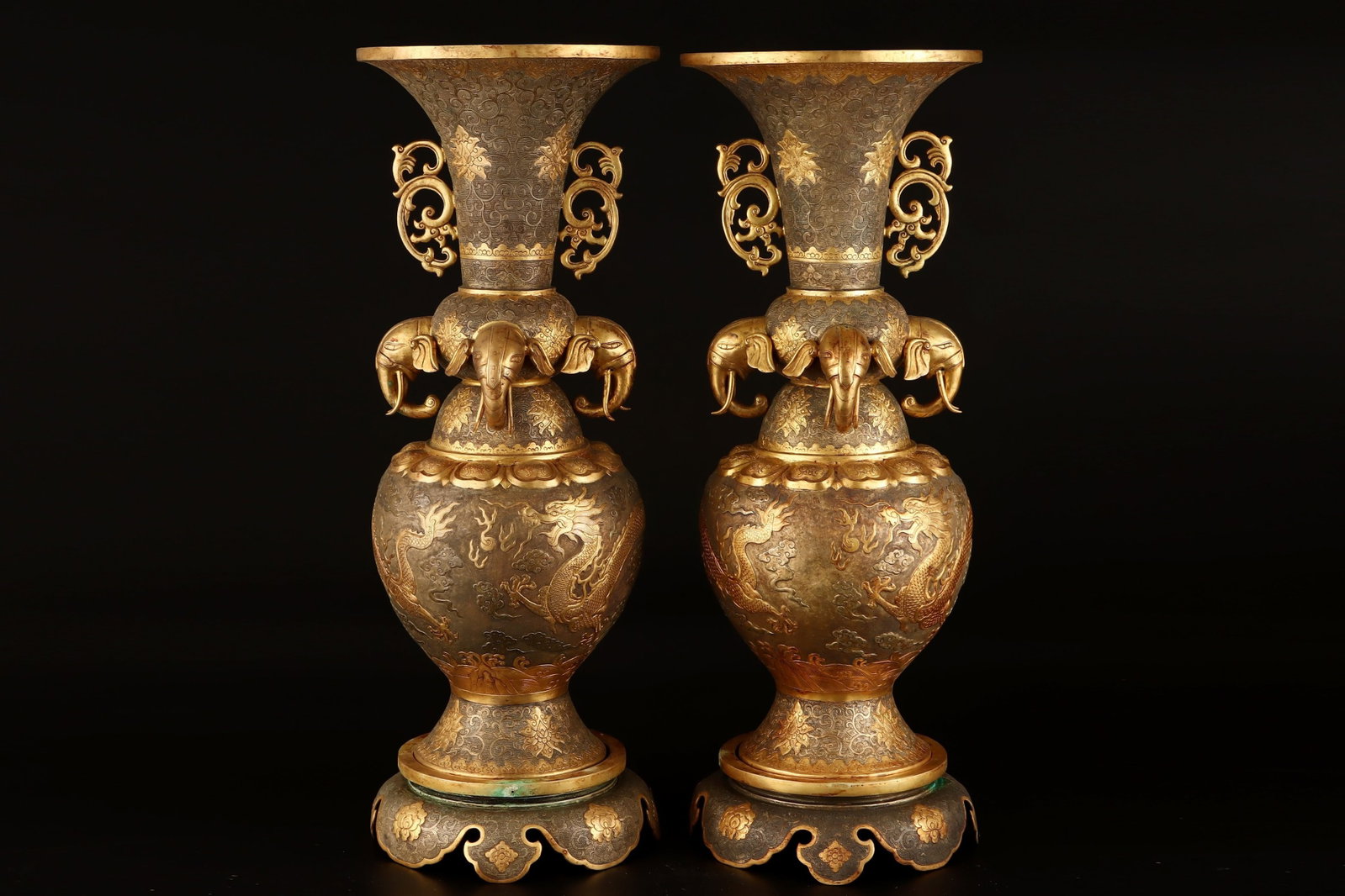 A Set of Fine Gilt Dragon and Phoenix Pattern Double-Ears Vases (1 of 9)
