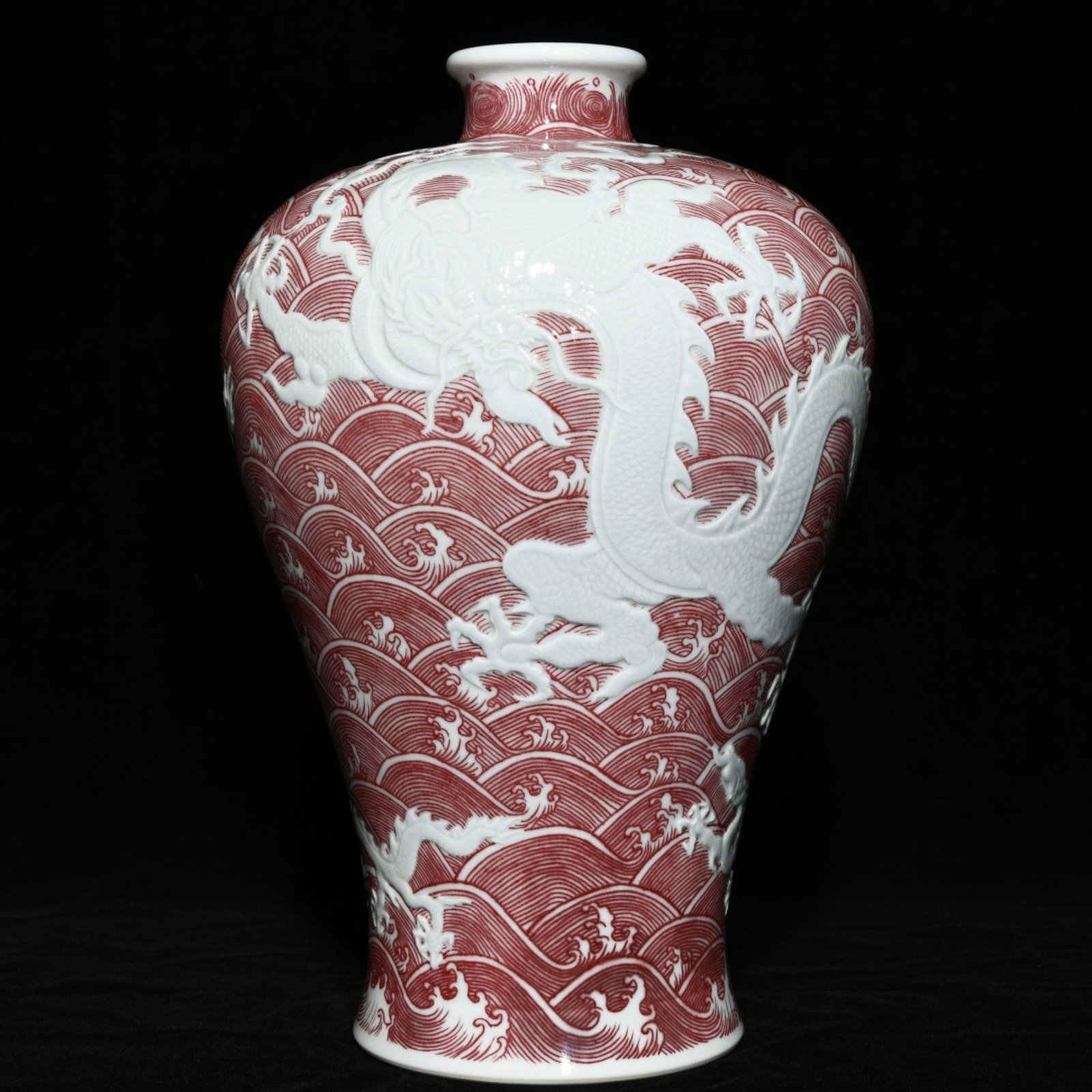 A Rare Underglaze-Red Seawater and Dragon Pattern Vase: A Rare Underglaze-Red Seawater and Dragon Pattern Vase,Qing Dynasty,China,Yongzheng Six-character Mark,Size:14.2inx9.3in 釉里红海水龙纹瓶,中ࢲ
