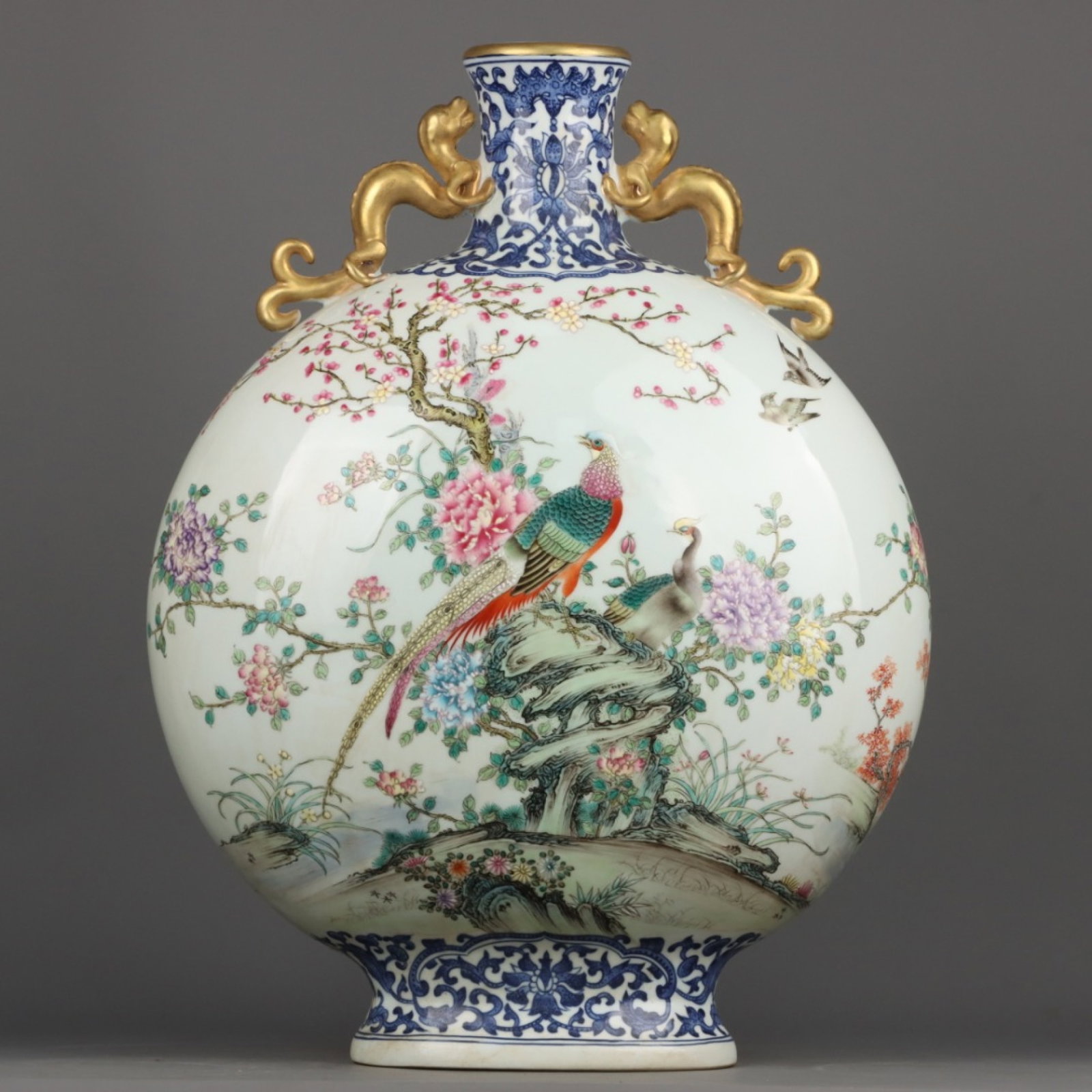 A Huge Blue and White Famille-Rose Flower and Phoenix Pattern Double-Ears Vase,with poem: A Huge Blue and White Famille-Rose Flower and Phoenix Pattern Double-Ears Vase,with poem,Qing Dynasty,China,Qianlong Six-character Mark,Size:19.7inx13.8in 青花粉彩花Õ