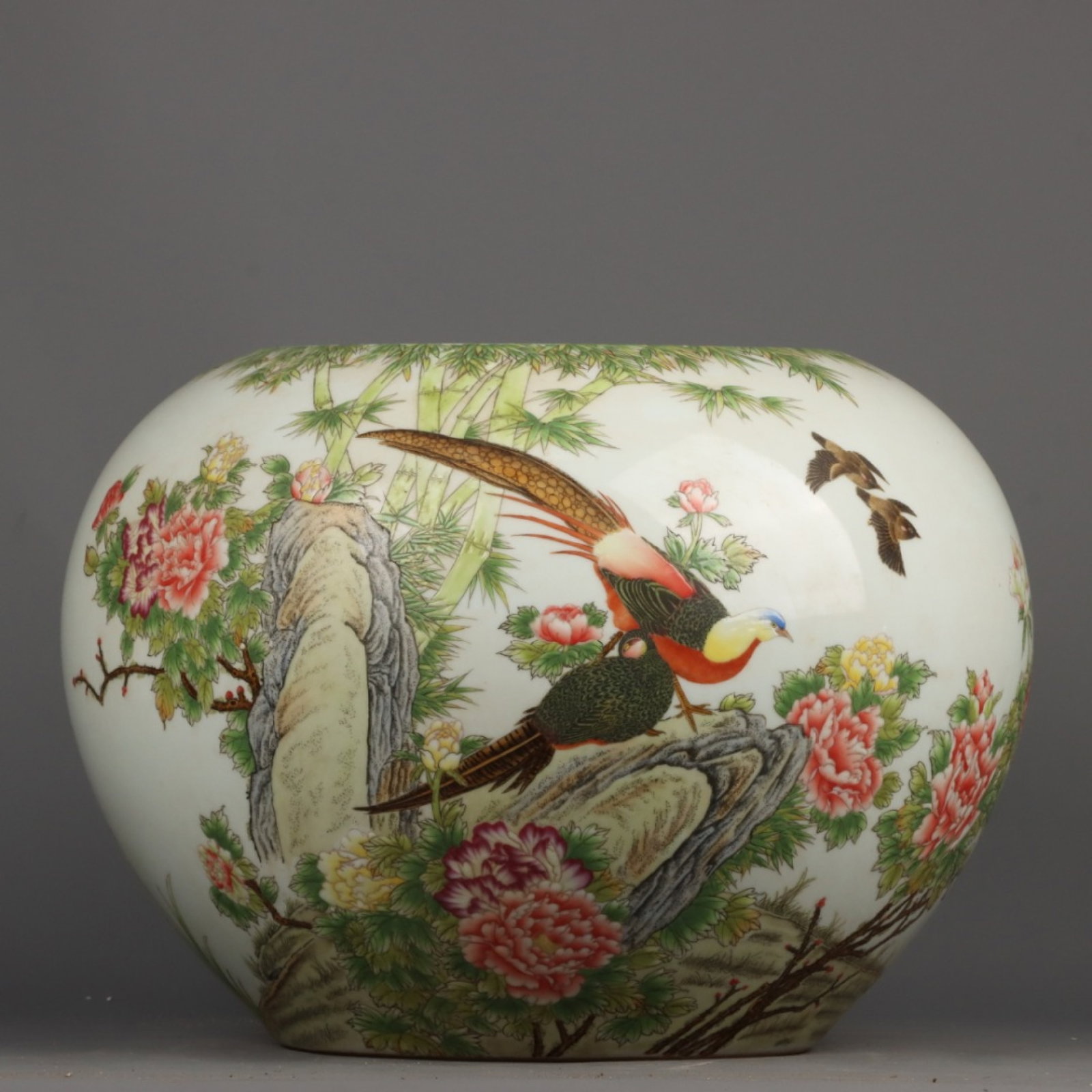 An Exquisite Enamel Flower and Bird Pattern Brush Washer,with poem: An Exquisite Enamel Flower and Bird Pattern Brush Washer,with poem,Qing Dynasty,China,Yongzheng Four-character Mark,Size:10inx13.4in 珐琅彩花鸟纹笔洗,&#