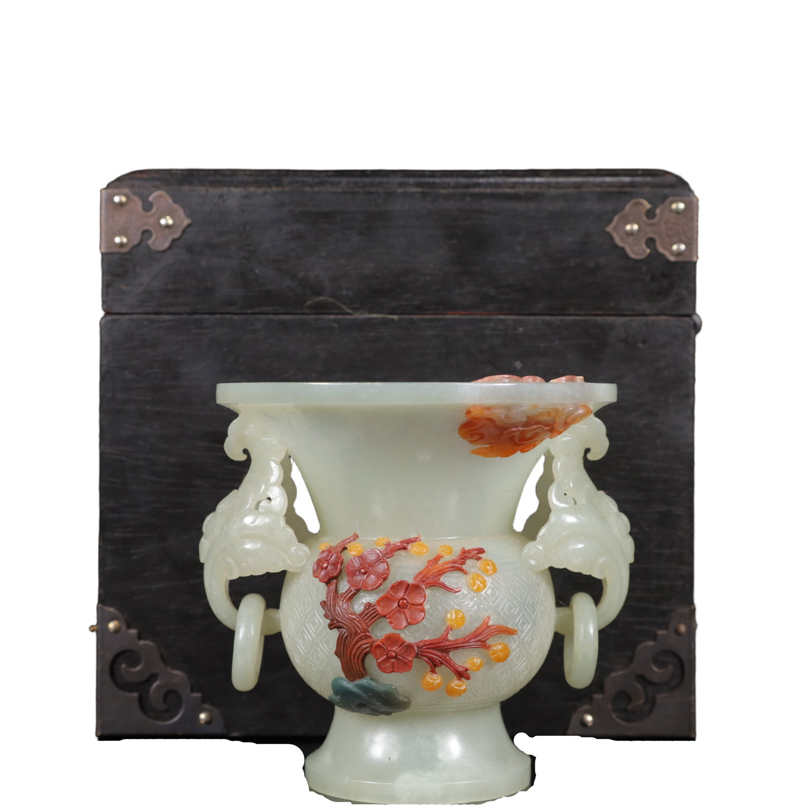 An Exquisite White Jade Inlaid Gems Flower Pattern Double-Ears Vase: An Exquisite White Jade Inlaid Gems Flower Pattern Double-Ears Vase,Qing Dynasty,China,Size:(Censer)4.3inx3.7in,(Box)6.3inx5.9in,Weight:200g 白玉嵌百宝花卉
