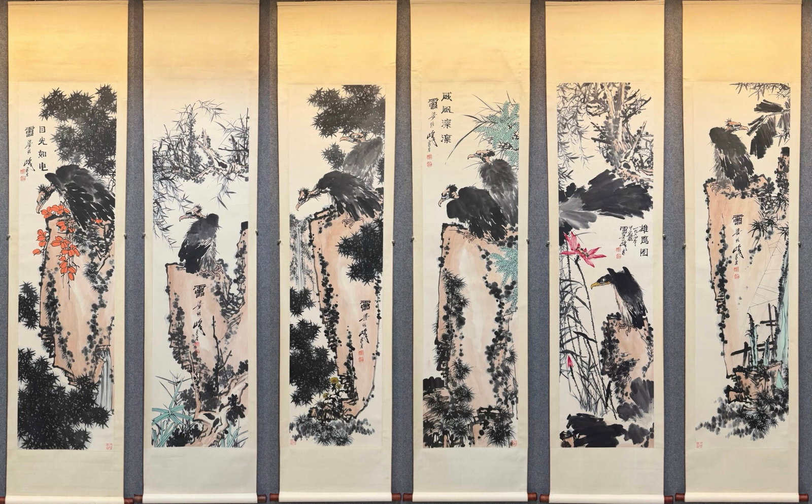 A Set of Chinese Vertical Scroll Ink Painting of Eagle on Paper: A Set of Chinese Vertical Scroll Ink Painting of Eagle on Paper,Pan Tianshou,Size:18.9inx70.9in 一套中国水墨鹰画立轴,潘天寿