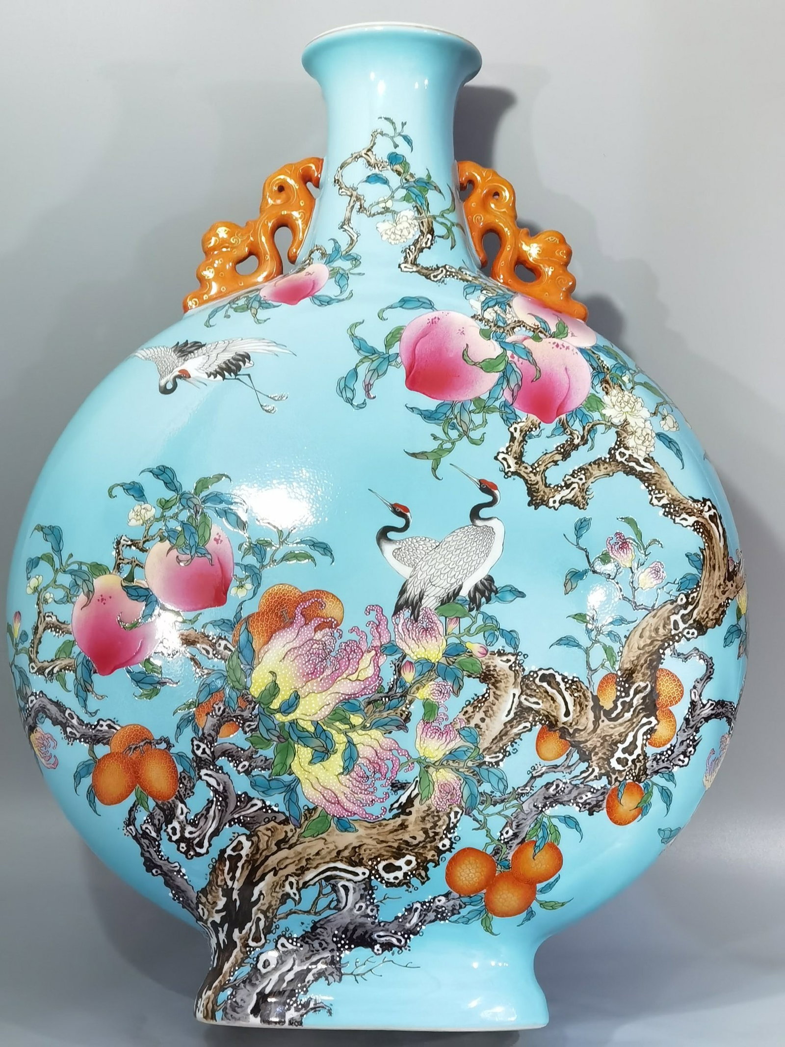 A Huge Turquoise Glazed Famille-Rose Flower and Crane Pattern Double-Ears Vase: A Huge Turquoise Glazed Famille-Rose Flower and Crane Pattern Double-Ears Vase,Qing Dynasty,China,Qianlong Six-character Mark,Size:23inx17.1in 松石绿釉粉彩花&