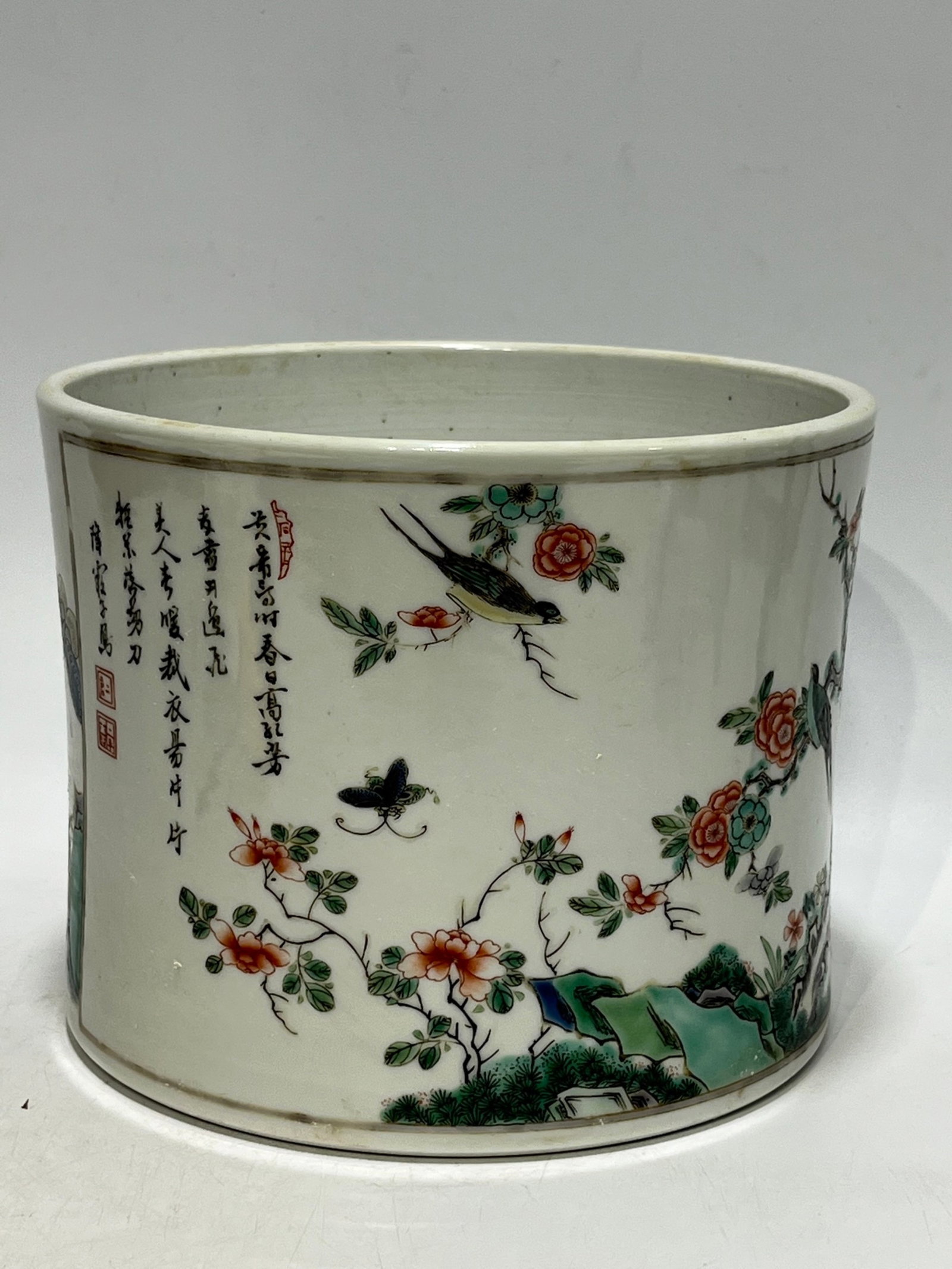 An Exquisite Wucai Flower and Bird Pattern Brush Pot,with poem: An Exquisite Wucai Flower and Bird Pattern Brush Pot,with poem,Qing Dynasty,China,Kangxi Six-character Mark,Size:7.7in 五彩花鸟纹笔筒,带诗文