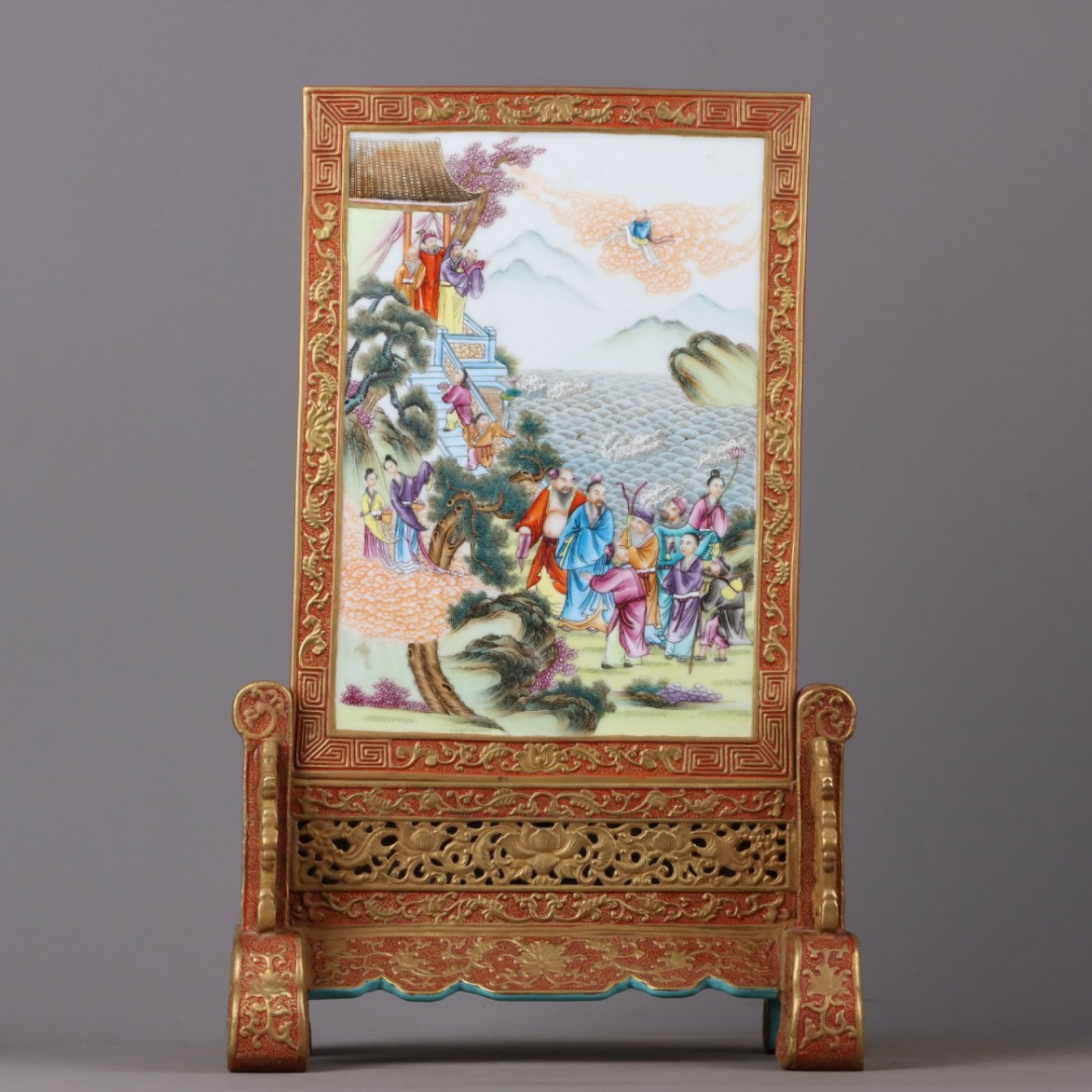 A Rare Enamel Gilt Character and Story Pattern Screen: A Rare Enamel Gilt Character and Story Pattern Screen,Qing Dynasty,China,Qianlong Six-character Mark,Size:15.2inx9.6in 珐琅彩鎏金人物故事纹&
