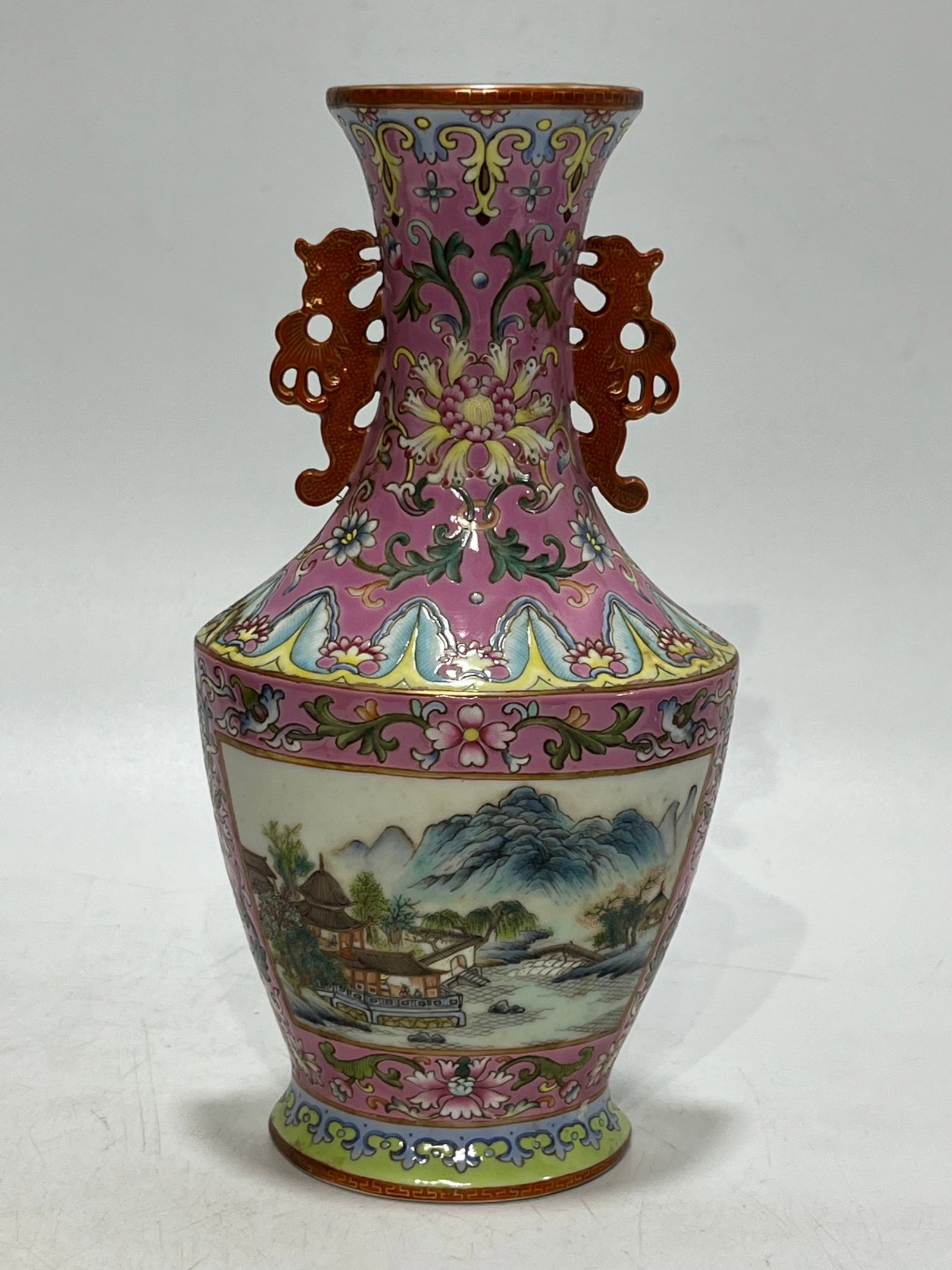An Exquisite Famille-Rose Painted Gold Landscape Pattern Dragon-Ears Vase: An Exquisite Famille-Rose Painted Gold Landscape Pattern Dragon-Ears Vase,Qing Dynasty,China,Qianlong Six-character Mark,Size:8.5in 粉彩描金山水纹龙 