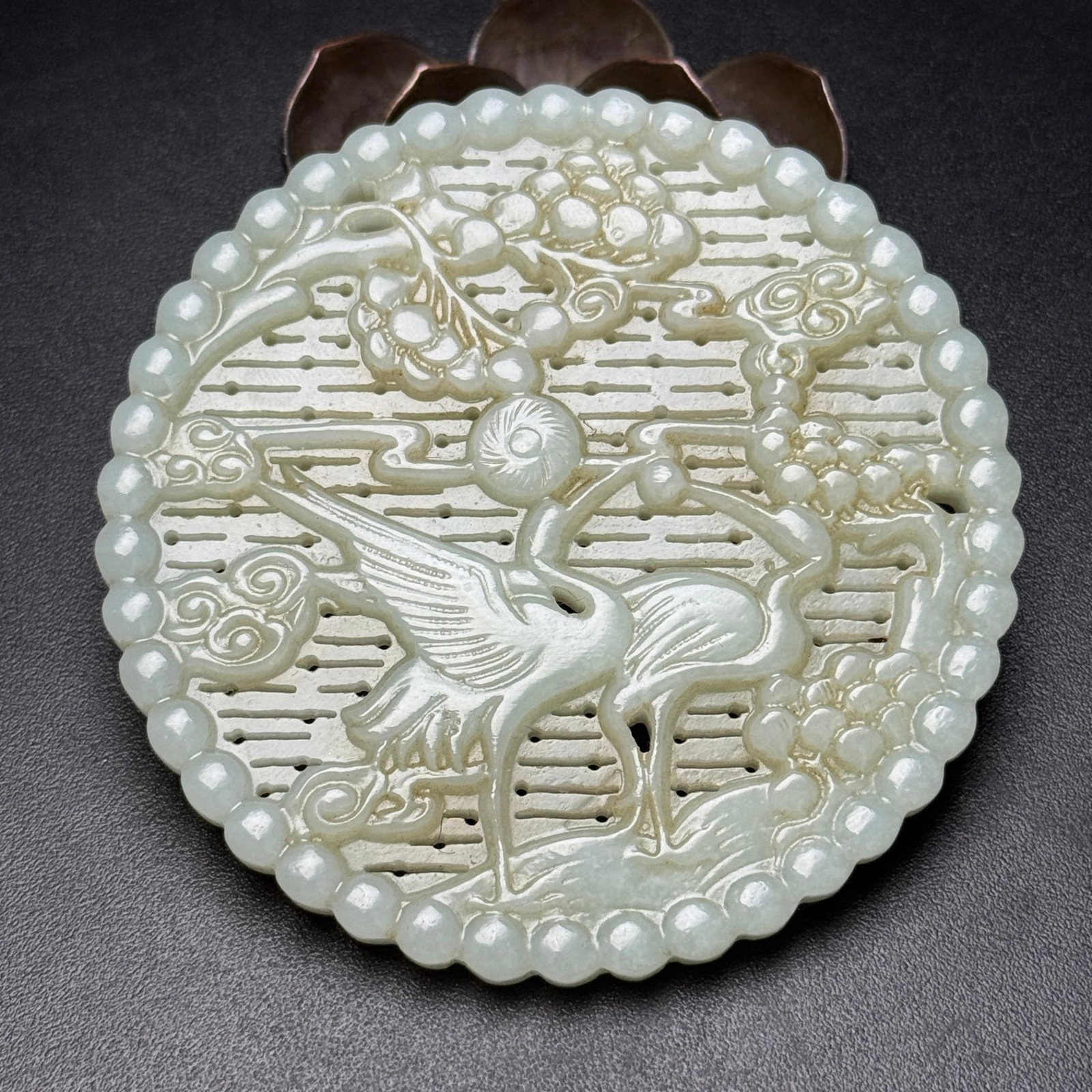 An Exquisite White Jade Hollow Pine and Crane Pattern Pendant: An Exquisite White Jade Hollow Pine and Crane Pattern Pendant,Qing Dynasty,China,Size:3.2inx0.3in,Weight:78g