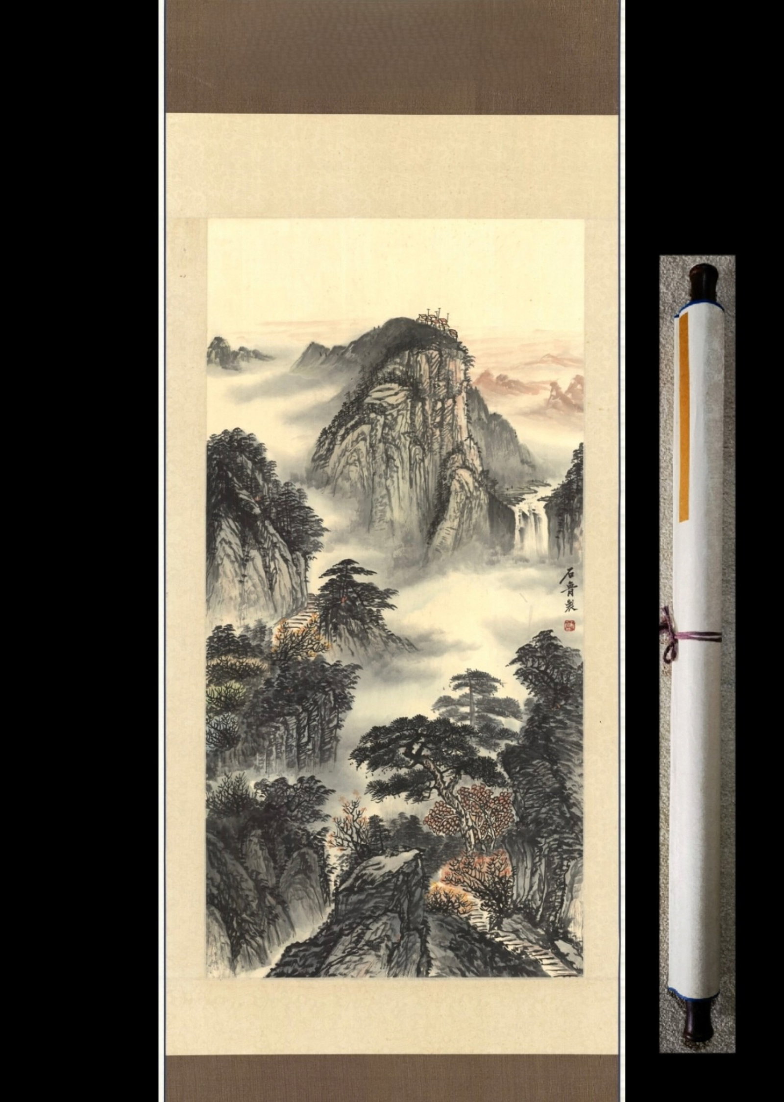 A Chinese Vertical Scroll Ink Painting of Landscape on Paper: A Chinese Vertical Scroll Ink Painting of Landscape on Paper,Shi Lu,Size:(Entirety)90.6inx32.3in,(Without Frame)53.1inx26.8in