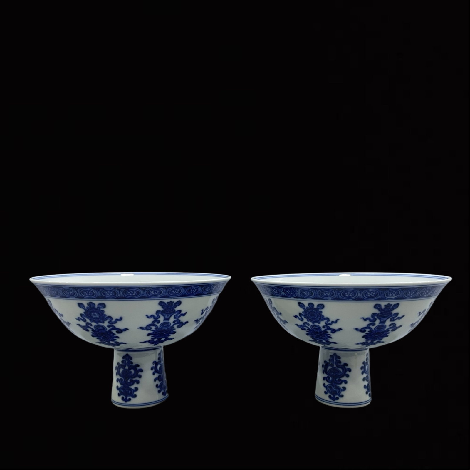 A Pair of Exquisite Blue and White Eight Treasures Pattern Stem Bowls: A Pair of Exquisite Blue and White Eight Treasures Pattern Stem Bowls,Qing Dynasty,China,Yongzheng Six-character Mark,Size:4.1inx6.1in