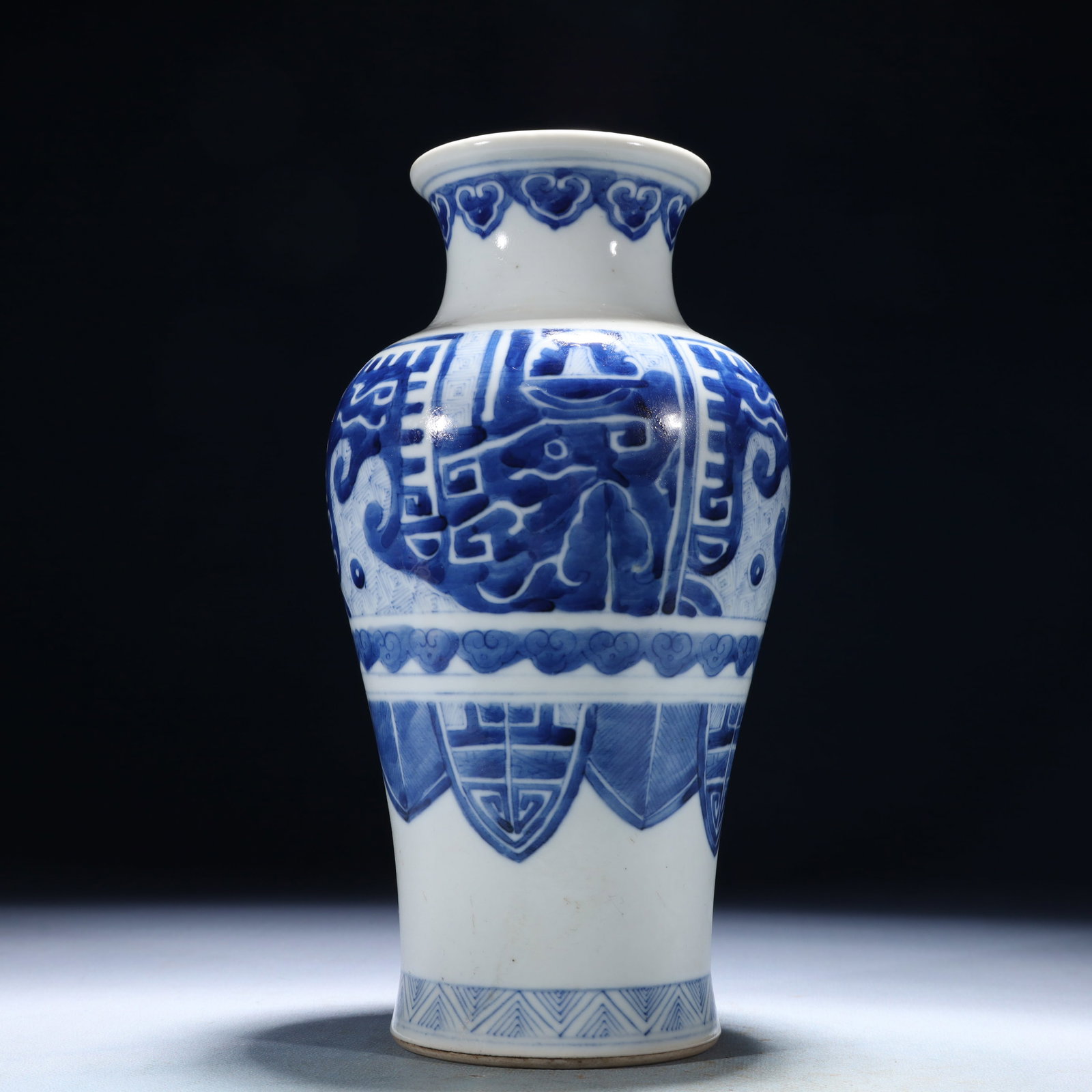An Exquisite Blue and White Beast-Face Pattern Vase: An Exquisite Blue and White Beast-Face Pattern Vase,Qing Dynasty,China,Kangxi Six-character Mark,Size:4.3inx9.1in,Weight:750g 青花兽面纹瓶,中国清&