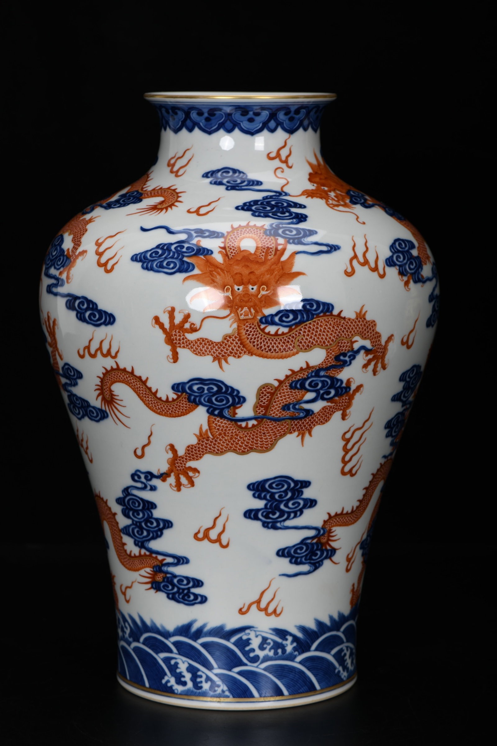 A Rare Blue and White Iron-Red Auspicious Cloud and Dragon Pattern Vase: A Rare Blue and White Iron-Red Auspicious Cloud and Dragon Pattern Vase,Qing Dynasty,China,Qianlong Six-character Mark,Size:12.8inx8.5in 青花矾红祥云龙纹