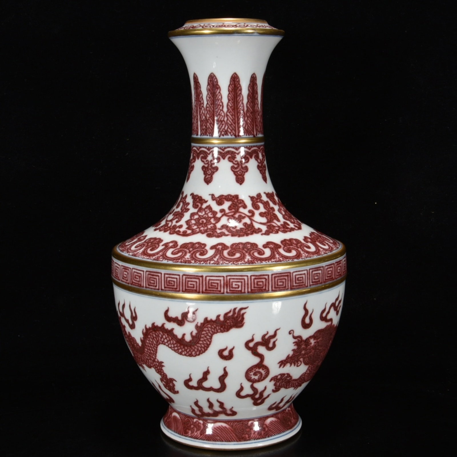 A Rare Underglaze-Red Painted Gold Auspicious Cloud and Dragon Pattern Vase: A Rare Underglaze-Red Painted Gold Auspicious Cloud and Dragon Pattern Vase,Qing Dynasty,China,Qianlong Six-character Mark,Size:11.4inx6.3in 釉里红描金祥云