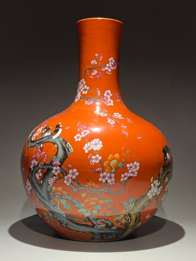 A Huge Coral Red Ground Famille-Rose Flower and Bird Pattern Vase: A Huge Coral Red Ground Famille-Rose Flower and Bird Pattern Vase,Qing Dynasty,China,Qianlong Six-character Mark,Size:22.2inx15.7in