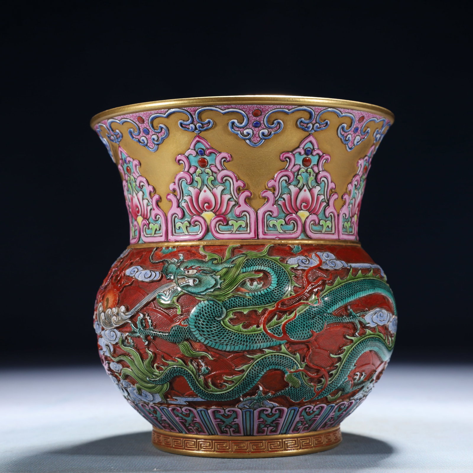 An Exquisite Enamel Painted Gold Auspicious Cloud and Dragon Pattern Vase: An Exquisite Enamel Painted Gold Auspicious Cloud and Dragon Pattern Vase,Qing Dynasty,China,Qianlong Six-character Mark,Size:5.1inx5.3in,Weight:750g