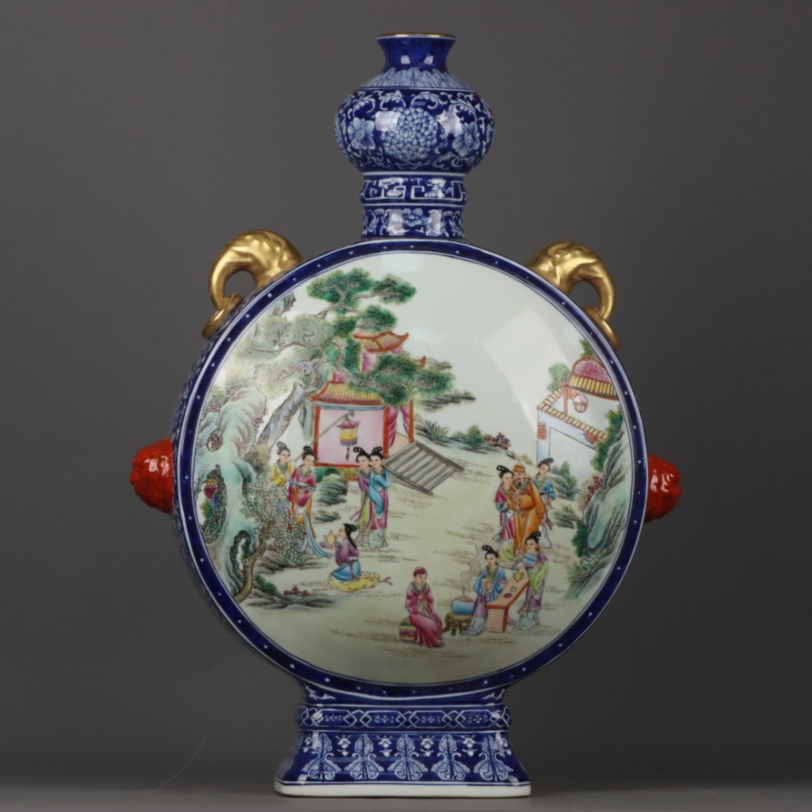 A Huge Blue and White Famille-Rose Gilt Character and Story Pattern Double-Ears Vase: A Huge Blue and White Famille-Rose Gilt Character and Story Pattern Double-Ears Vase,Qing Dynasty,China,Qianlong Six-character Mark,Size:22.6inx15.4in