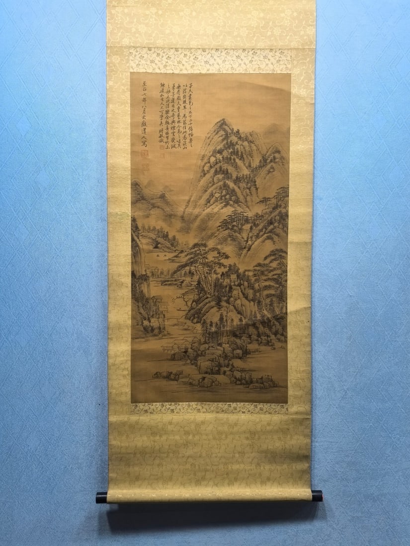 A Chinese Vertical Scroll Ink Painting of Landscape on Silk,Huang Gongwang: A Chinese Vertical Scroll Ink Painting of Landscape on Silk,Huang Gongwang,Size:(Without frame)15.7inx33.1in