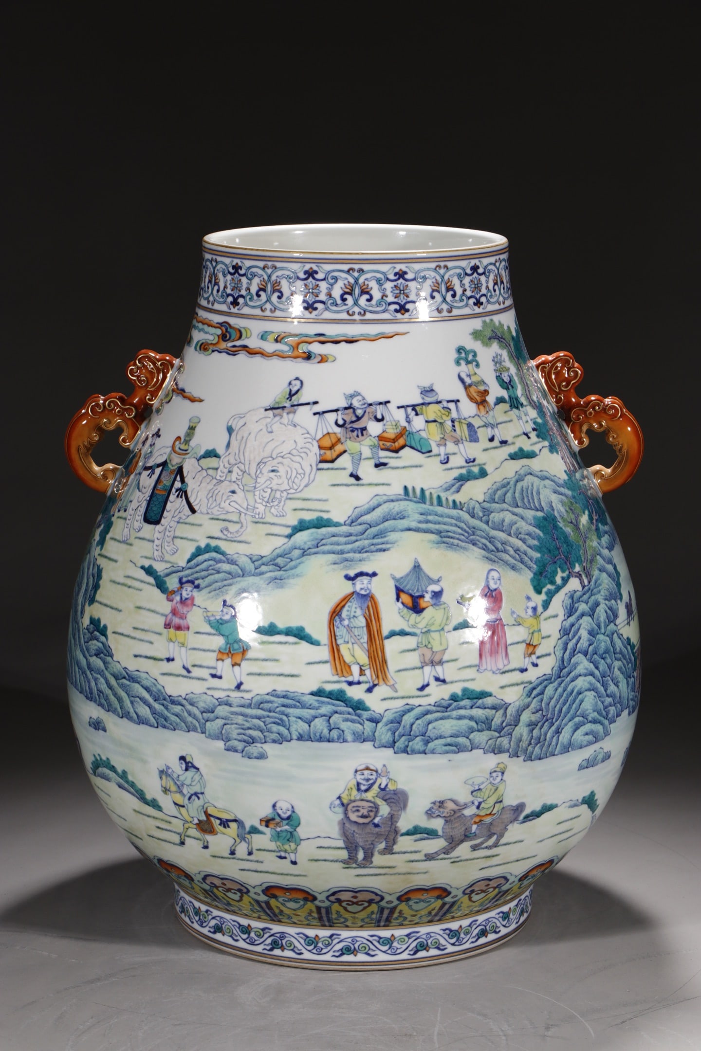 A Huge Doucai Landscape and Figure Pattern Beast-Ears Vase: A Huge Doucai Landscape and Figure Pattern Beast-Ears Vase,Qing Dynasty,China,Qianlong Six-character Mark,Size:18.3in