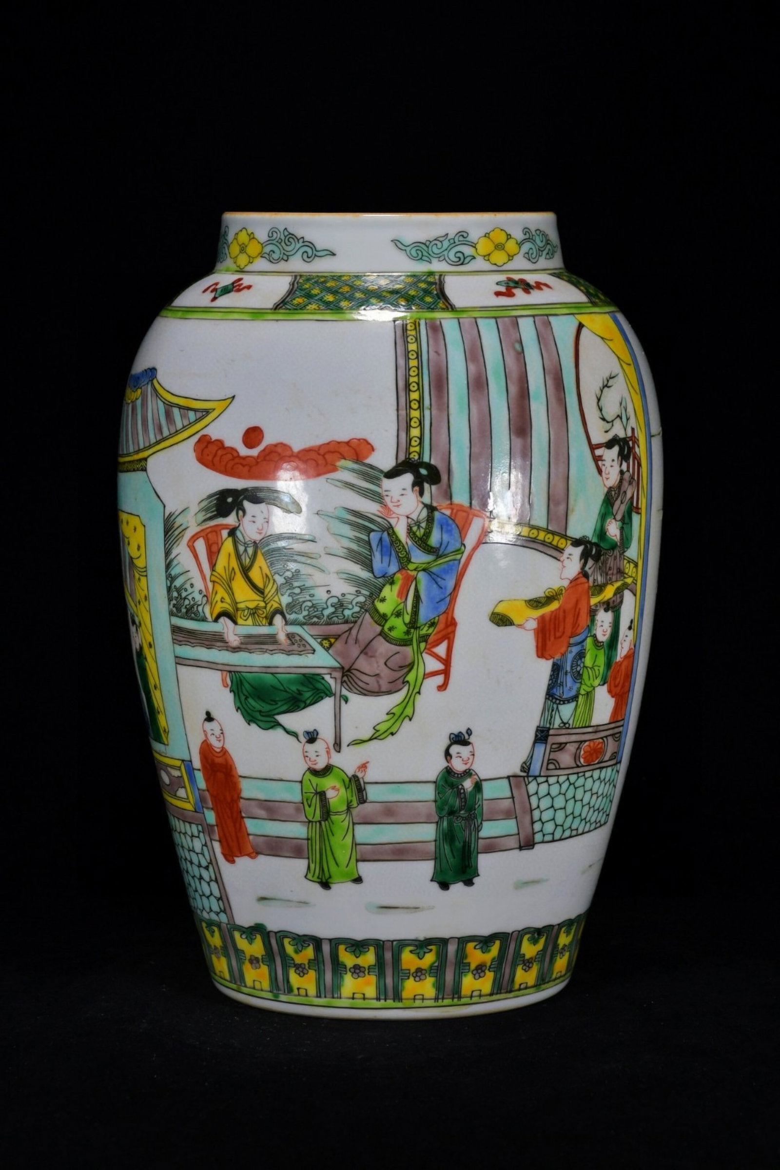A Rare Wucai Character and Story Pattern Jar: A Rare Wucai Character and Story Pattern Jar,Qing Dynasty,China,Kangxi Six-character Mark,Size:14.6inx9.8in 五彩人物故事纹罐,中国清