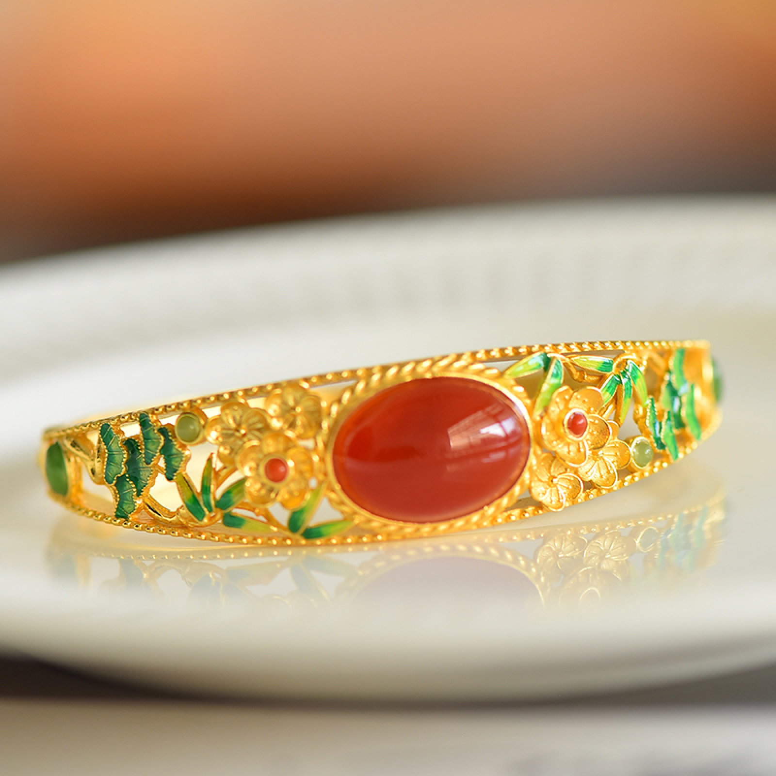 An Exquisite Sterling Silver-Gold Plated Inlaid Agate Enamel Bracelets,Inlaid Jasper (1 of 5)