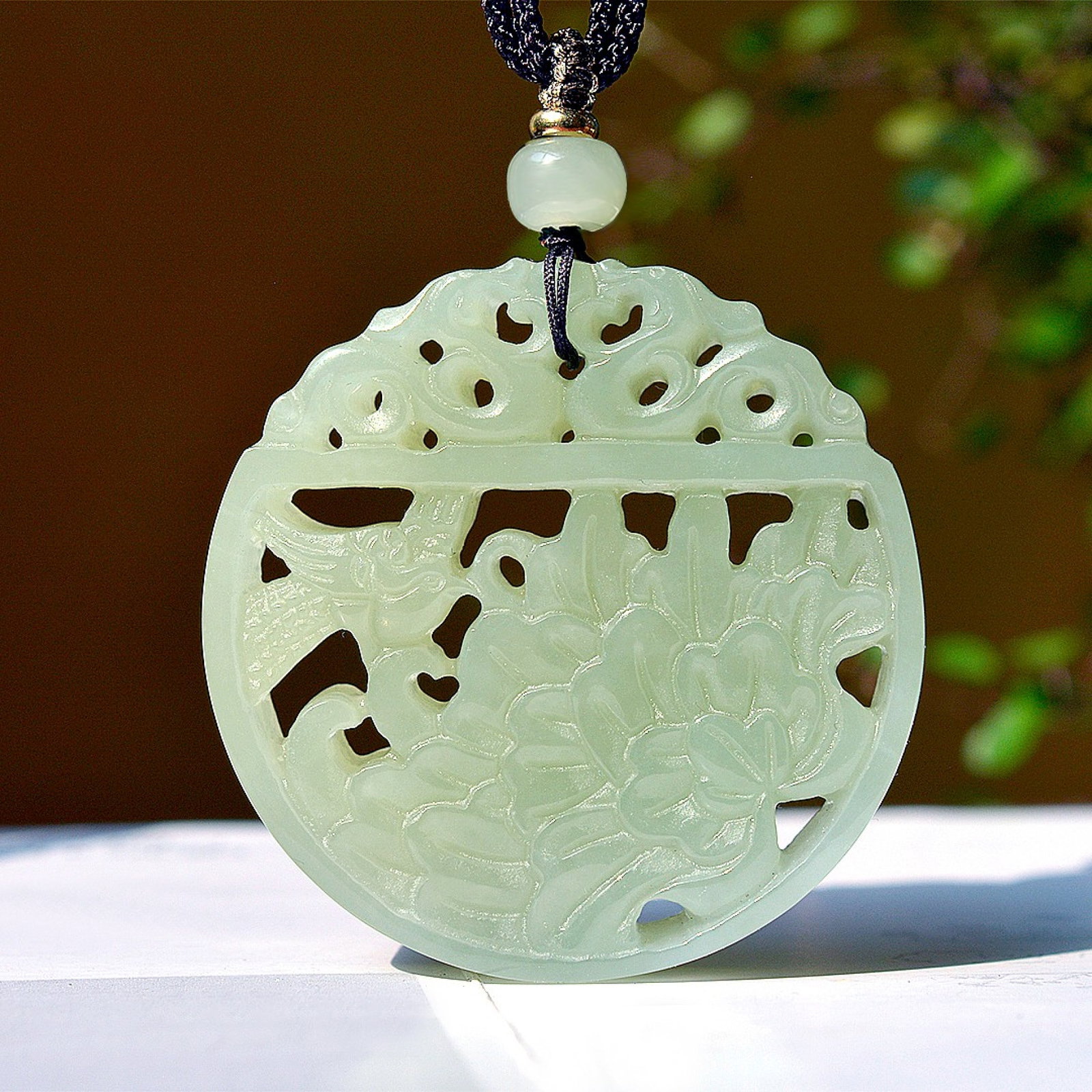An Exquisite Greenish Jade Peony Pendant: An Exquisite Greenish Jade Peony Pendant,Size:1.9inx1.9in 青玉牡丹花挂件