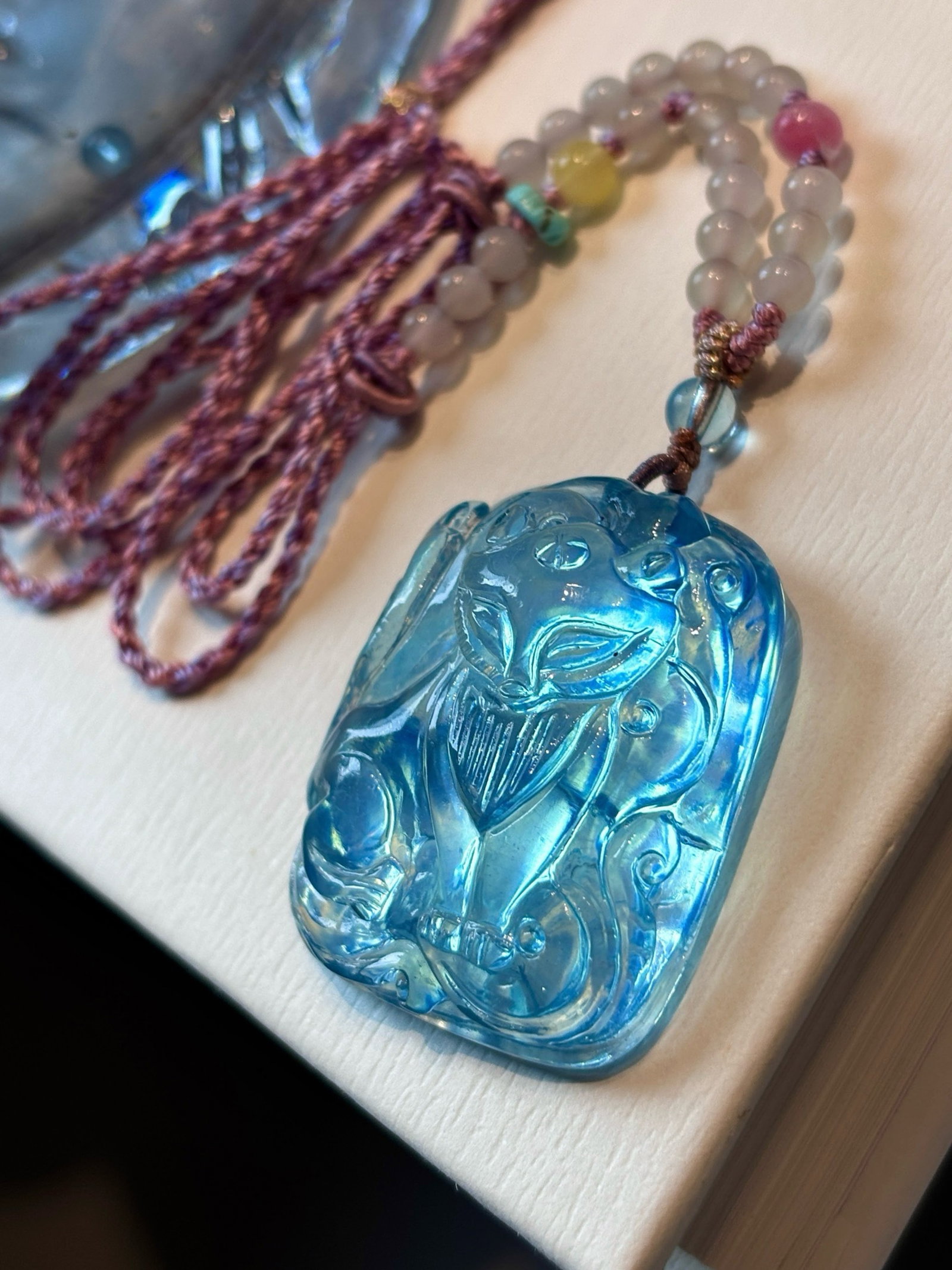 An Exquisite Aquamarine Fox Pattern Necklace: An Exquisite Aquamarine Fox Pattern Necklace,Size:1.3inx1.1inx0.5in,Weight:19.7g 海蓝宝狐狸纹项链