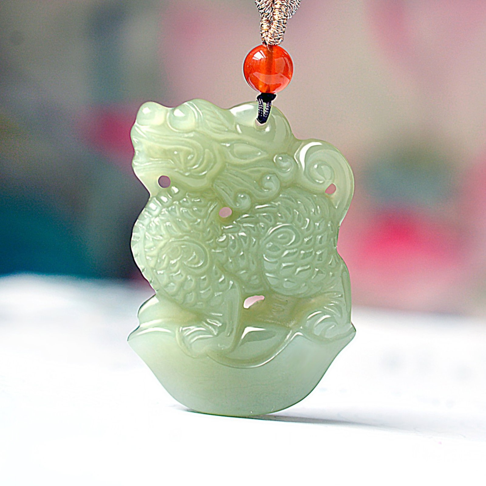 An Exquisite Greenish Jade Kylin Pendant: An Exquisite Greenish Jade Kylin Pendant,Size:1.1inx1.5in 青玉麒麟挂件